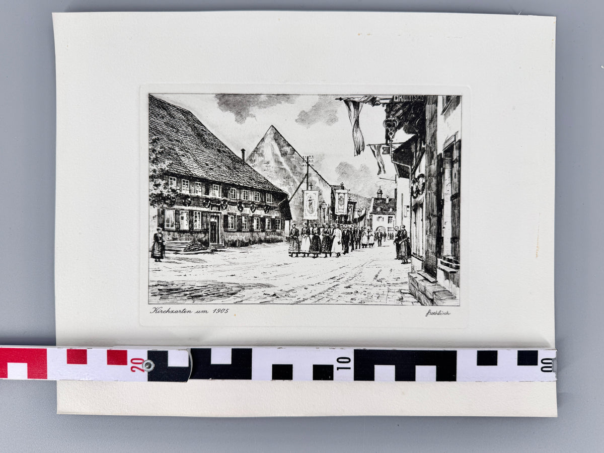 Radierung, Kirschzarten Südschwarzwald, um 1905. Von Heinz Wehlisch