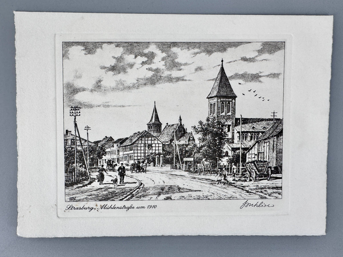 Radierung, Strasburg um 1910. Historische Ansicht von Heinz Wehlisch