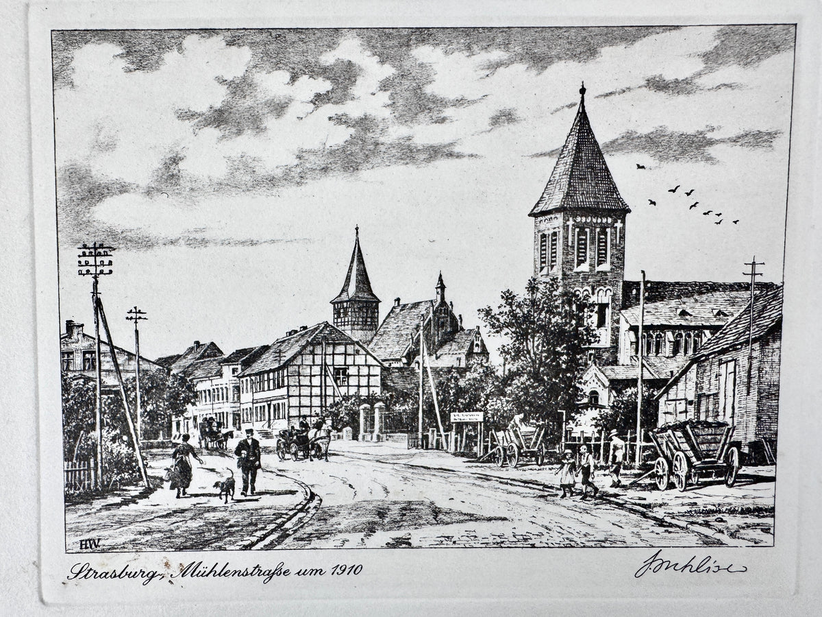 Radierung, Strasburg um 1910. Historische Ansicht von Heinz Wehlisch