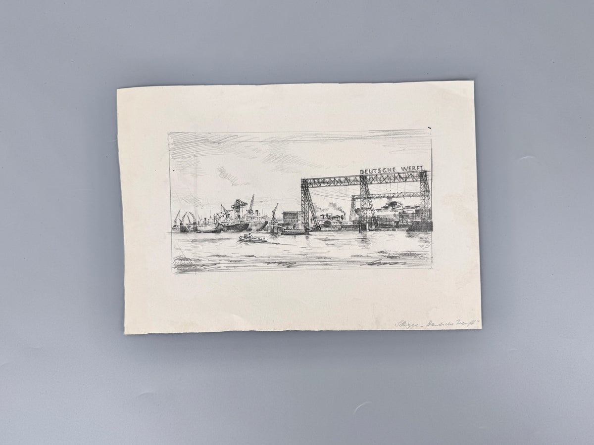 Zeichnung, Deutsche Werft in Hamburg. Von Heinz Wehlisch