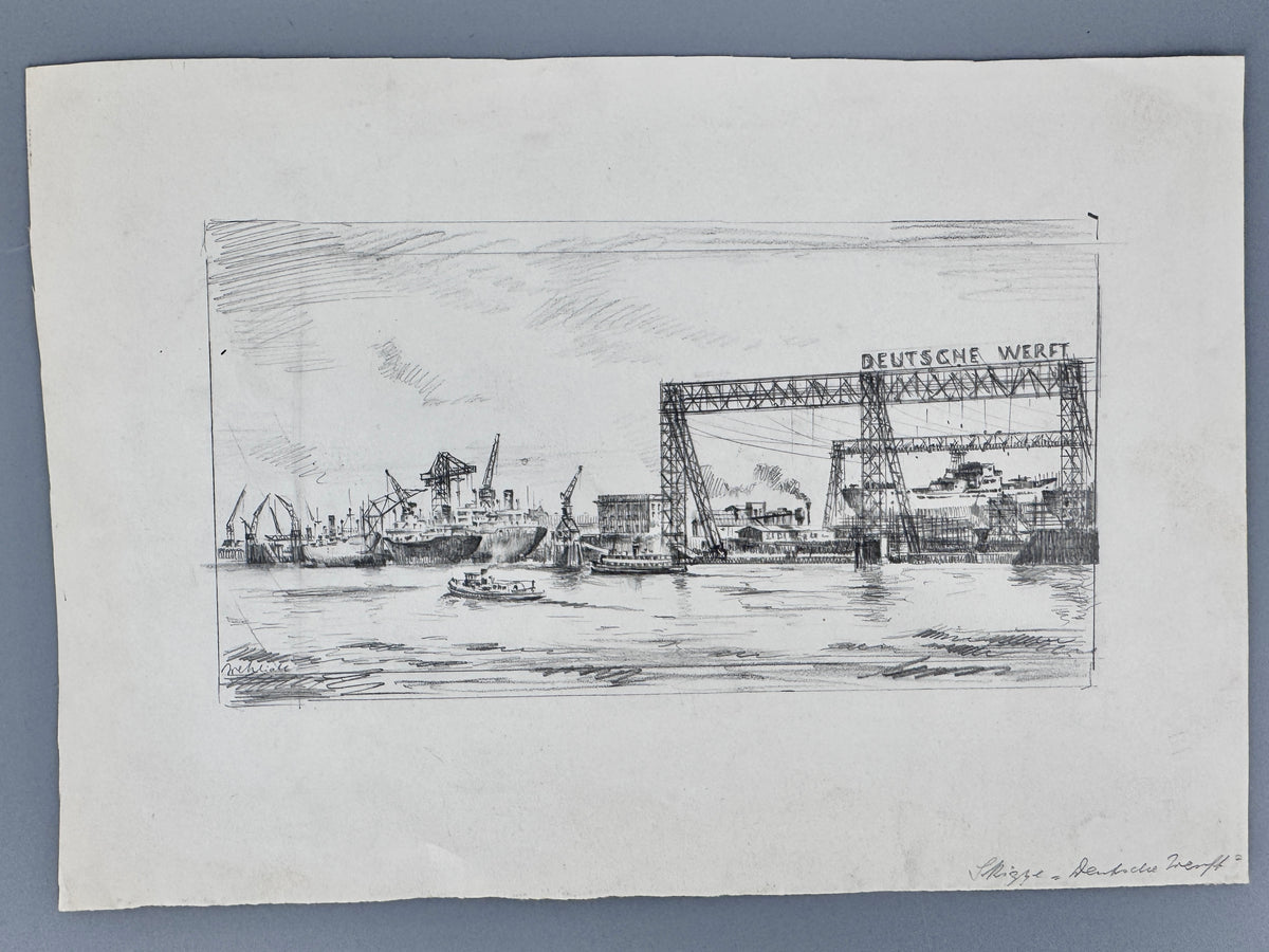 Zeichnung, Deutsche Werft in Hamburg. Von Heinz Wehlisch