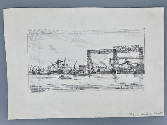 Zeichnung, Deutsche Werft in Hamburg. Von Heinz Wehlisch