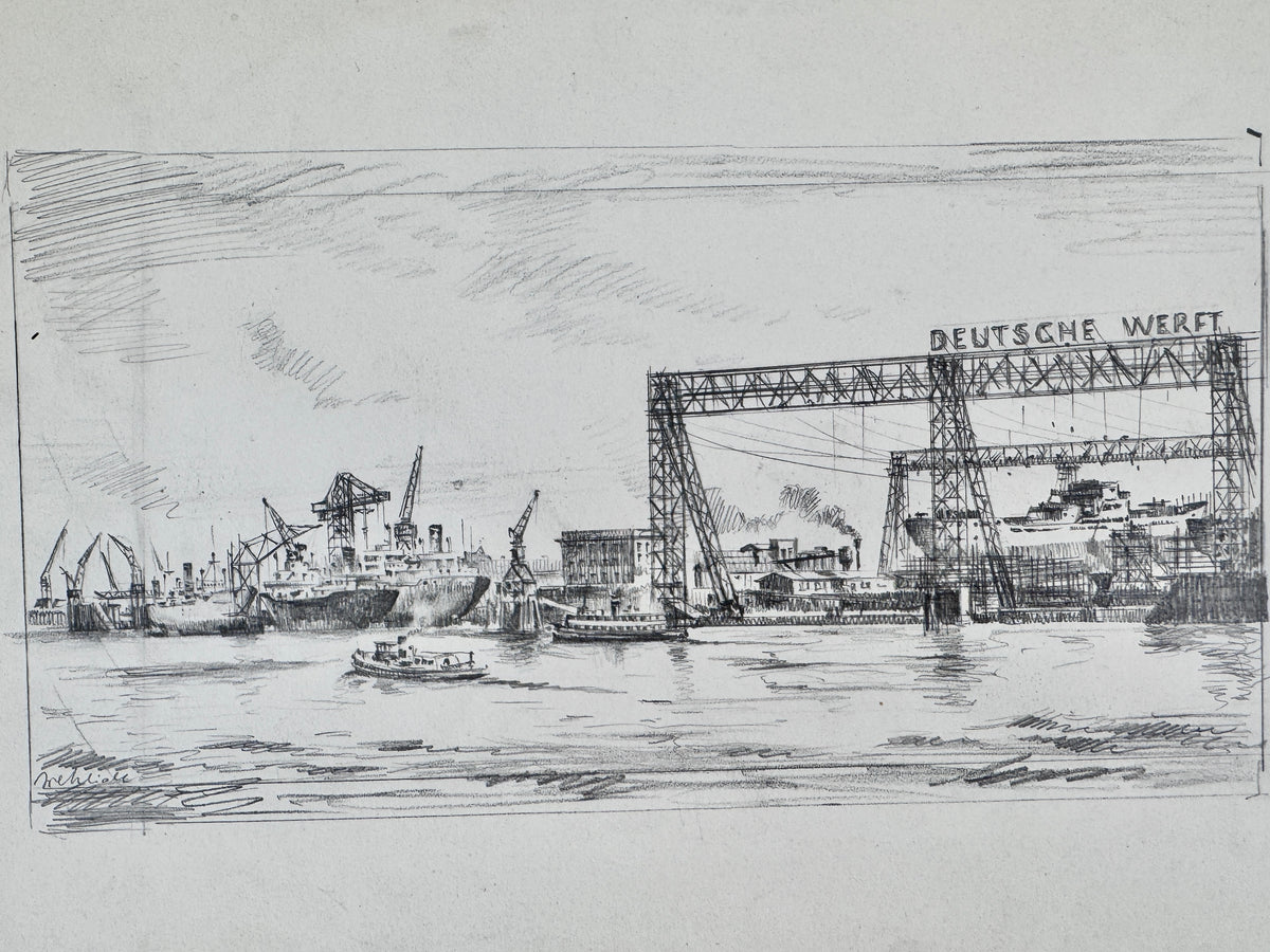 Zeichnung, Deutsche Werft in Hamburg. Von Heinz Wehlisch