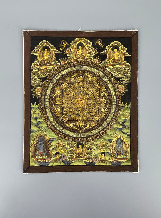 Handgemaltes Acrylgemälde "Mandala-Thangka" auf Leinwand mit Goldfarbe, tibetischer Buddhismus