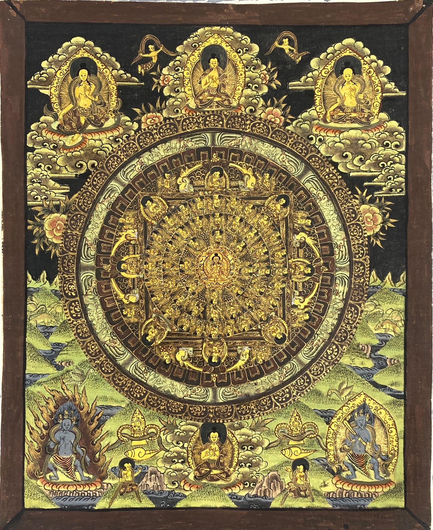Handgemaltes Acrylgemälde "Mandala-Thangka" auf Leinwand mit Goldfarbe, tibetischer Buddhismus