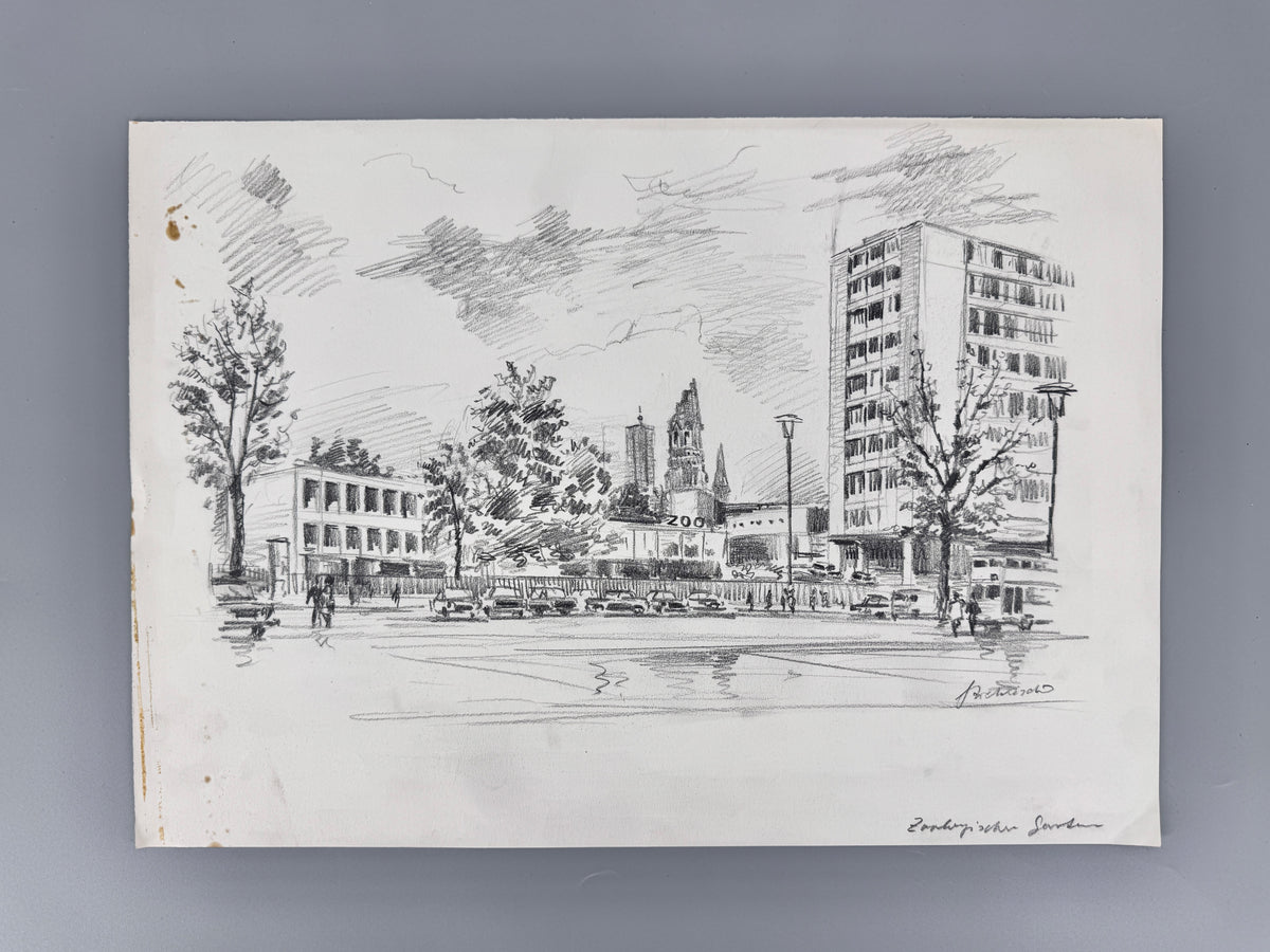 Zeichnung, Ansicht Berlin Zoologischer Garten aus den 70er Jahren. Von Heinz Wehlisch