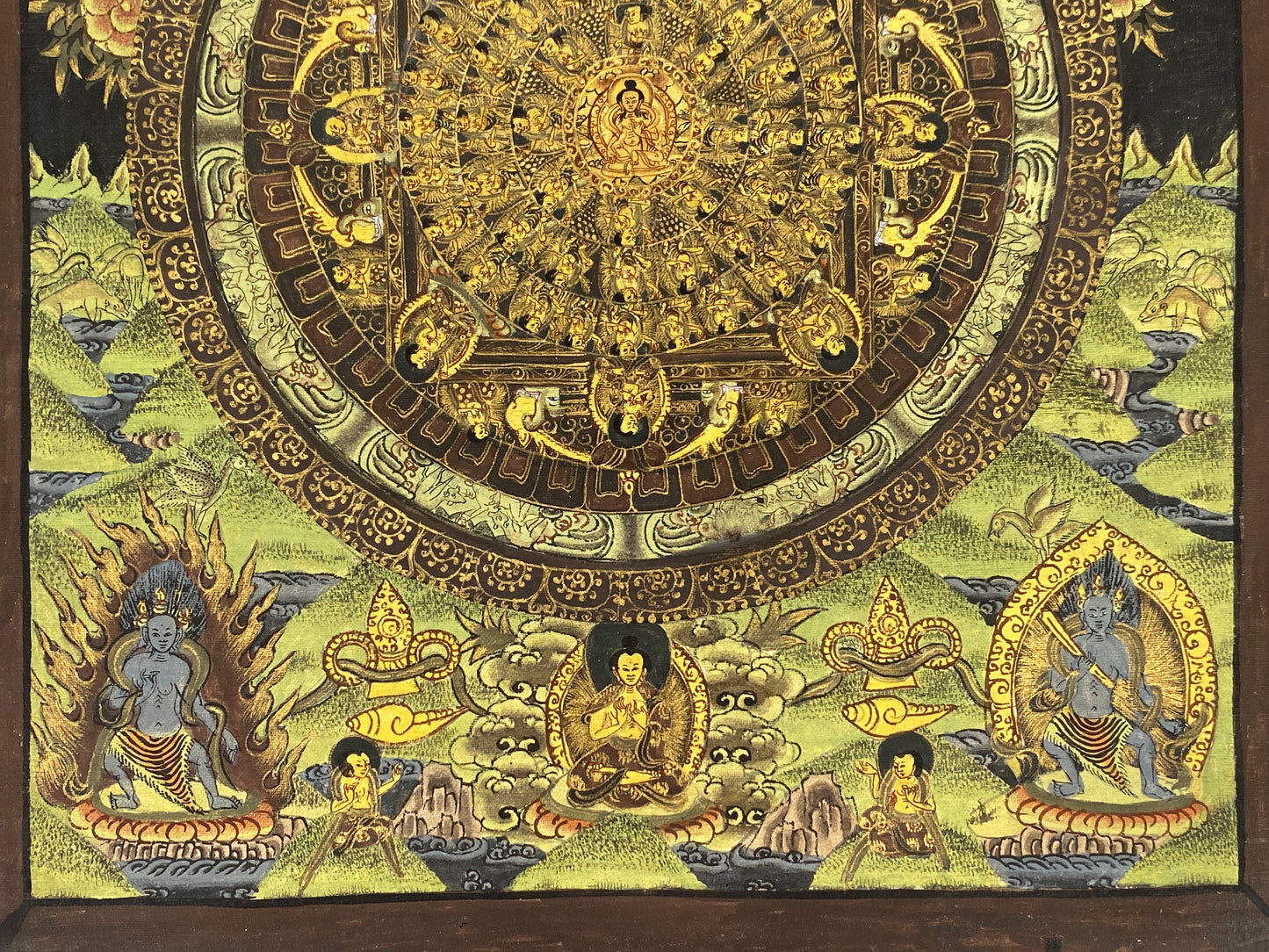 Handgemaltes Acrylgemälde "Mandala-Thangka" auf Leinwand mit Goldfarbe, tibetischer Buddhismus