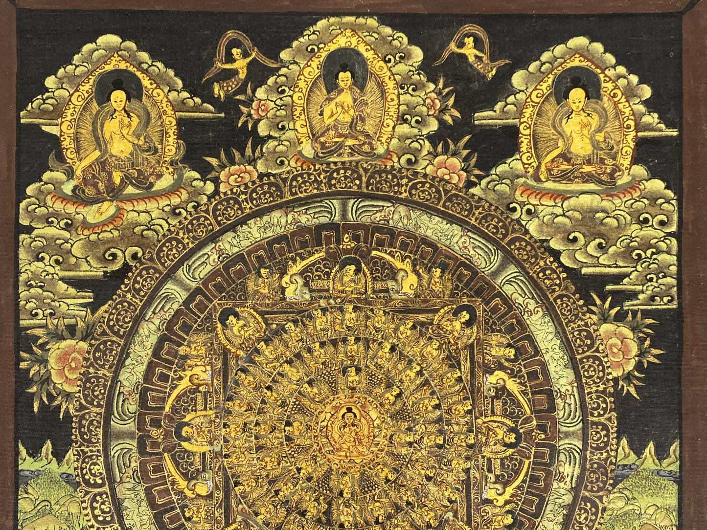 Handgemaltes Acrylgemälde "Mandala-Thangka" auf Leinwand mit Goldfarbe, tibetischer Buddhismus