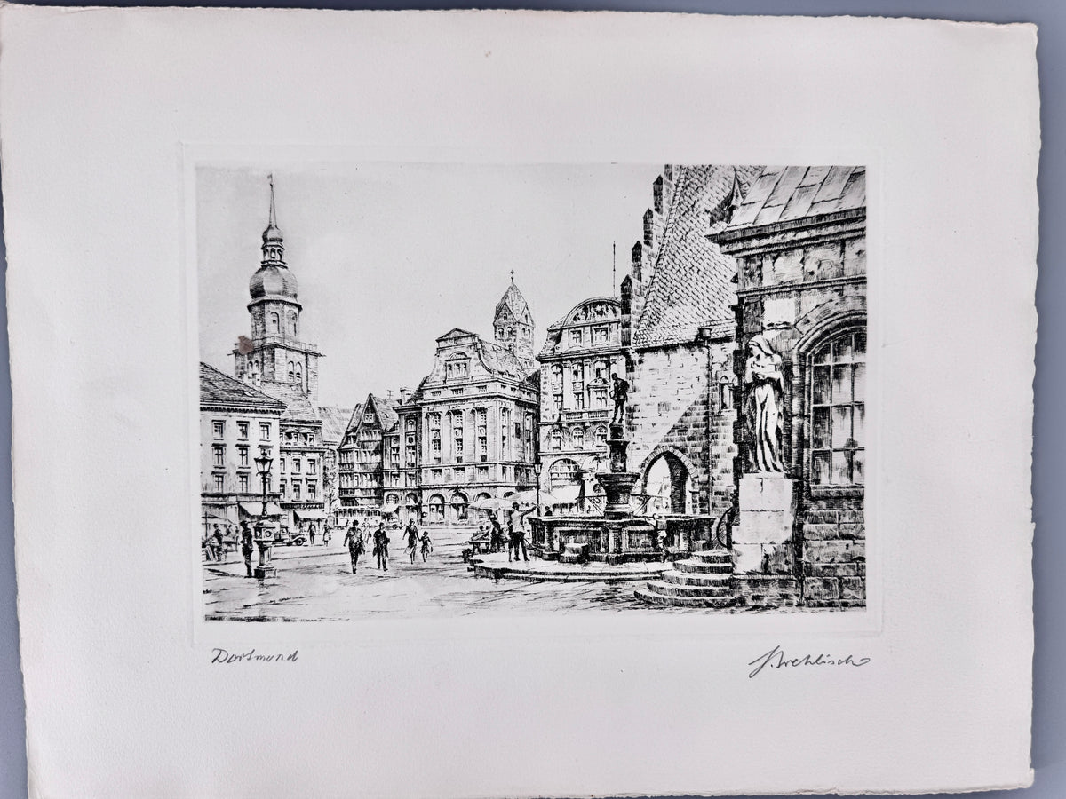 Radierung, Ansicht Dortmund Alter Markt. von Heinz Wehlisch