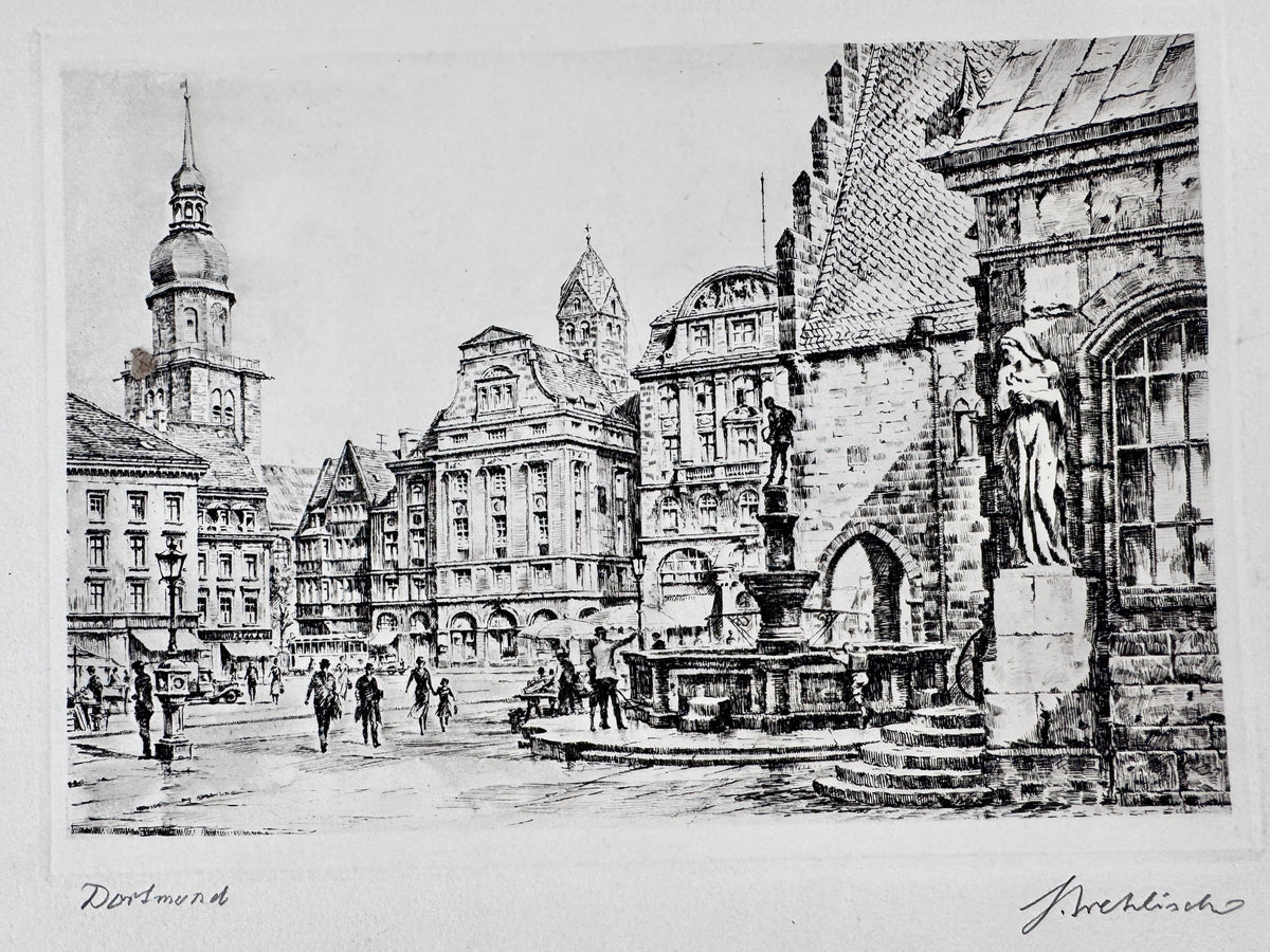 Radierung, Ansicht Dortmund Alter Markt. von Heinz Wehlisch
