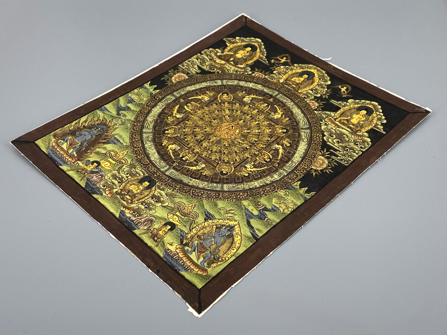 Handgemaltes Acrylgemälde "Mandala-Thangka" auf Leinwand mit Goldfarbe, tibetischer Buddhismus