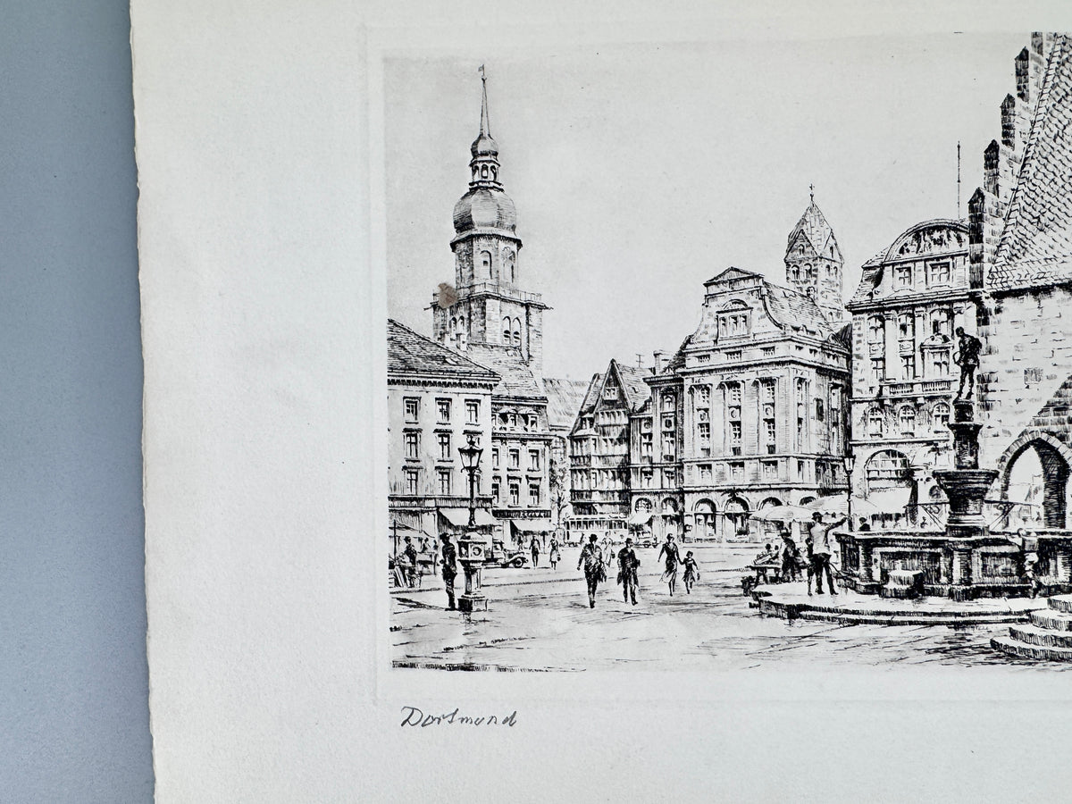 Radierung, Ansicht Dortmund Alter Markt. von Heinz Wehlisch