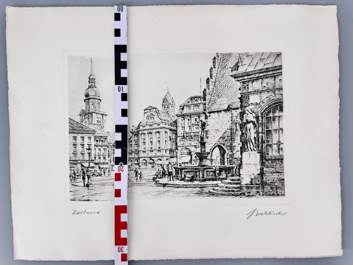 Radierung, Ansicht Dortmund Alter Markt. von Heinz Wehlisch