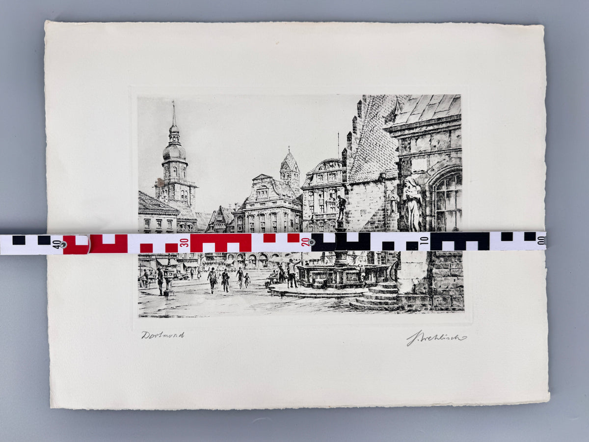 Radierung, Ansicht Dortmund Alter Markt. von Heinz Wehlisch