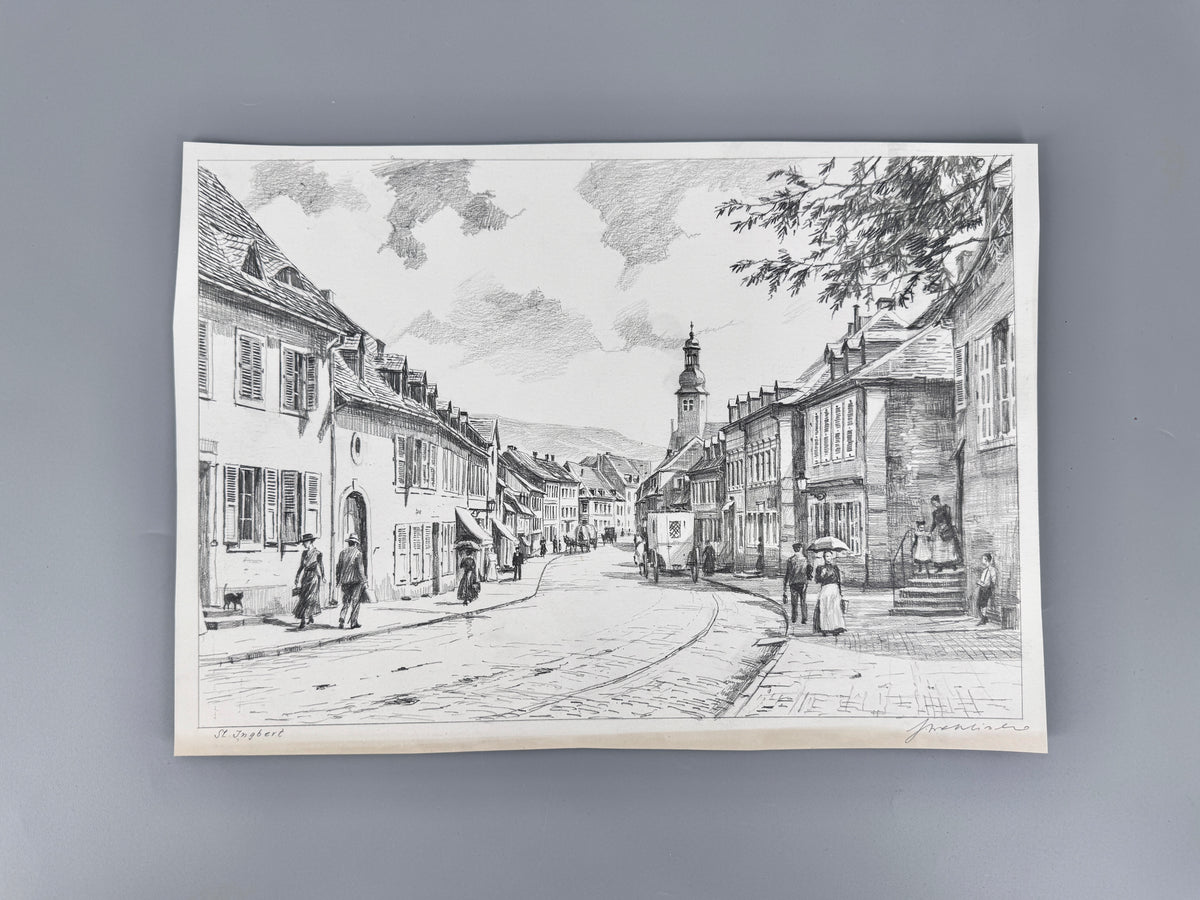 Zeichnung, historische Ansicht von St. Ingbert im Saarland. Von Heinz Wehlisch