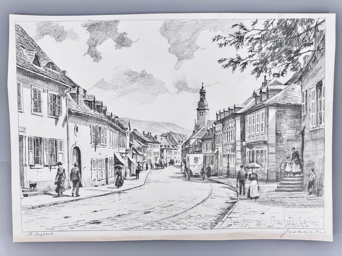 Zeichnung, historische Ansicht von St. Ingbert im Saarland. Von Heinz Wehlisch