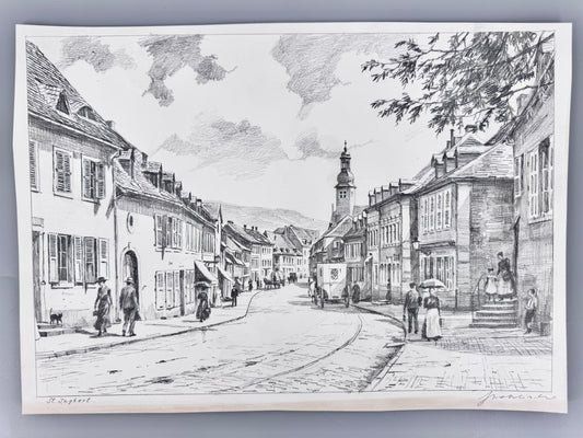 Zeichnung, historische Ansicht von St. Ingbert im Saarland. Von Heinz Wehlisch