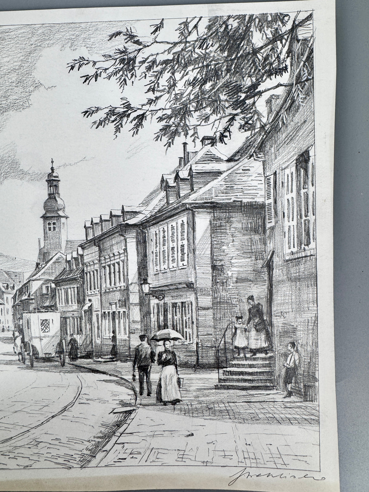 Zeichnung, historische Ansicht von St. Ingbert im Saarland. Von Heinz Wehlisch