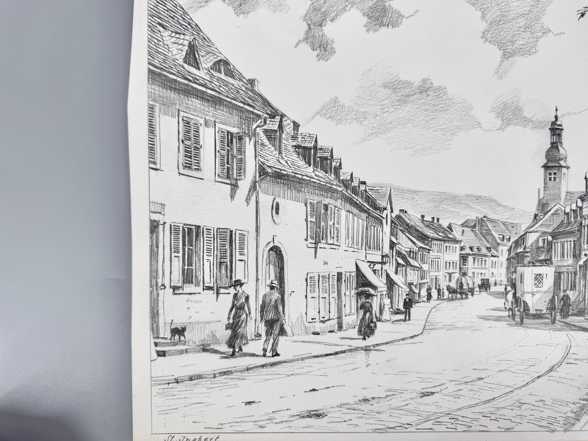 Zeichnung, historische Ansicht von St. Ingbert im Saarland. Von Heinz Wehlisch