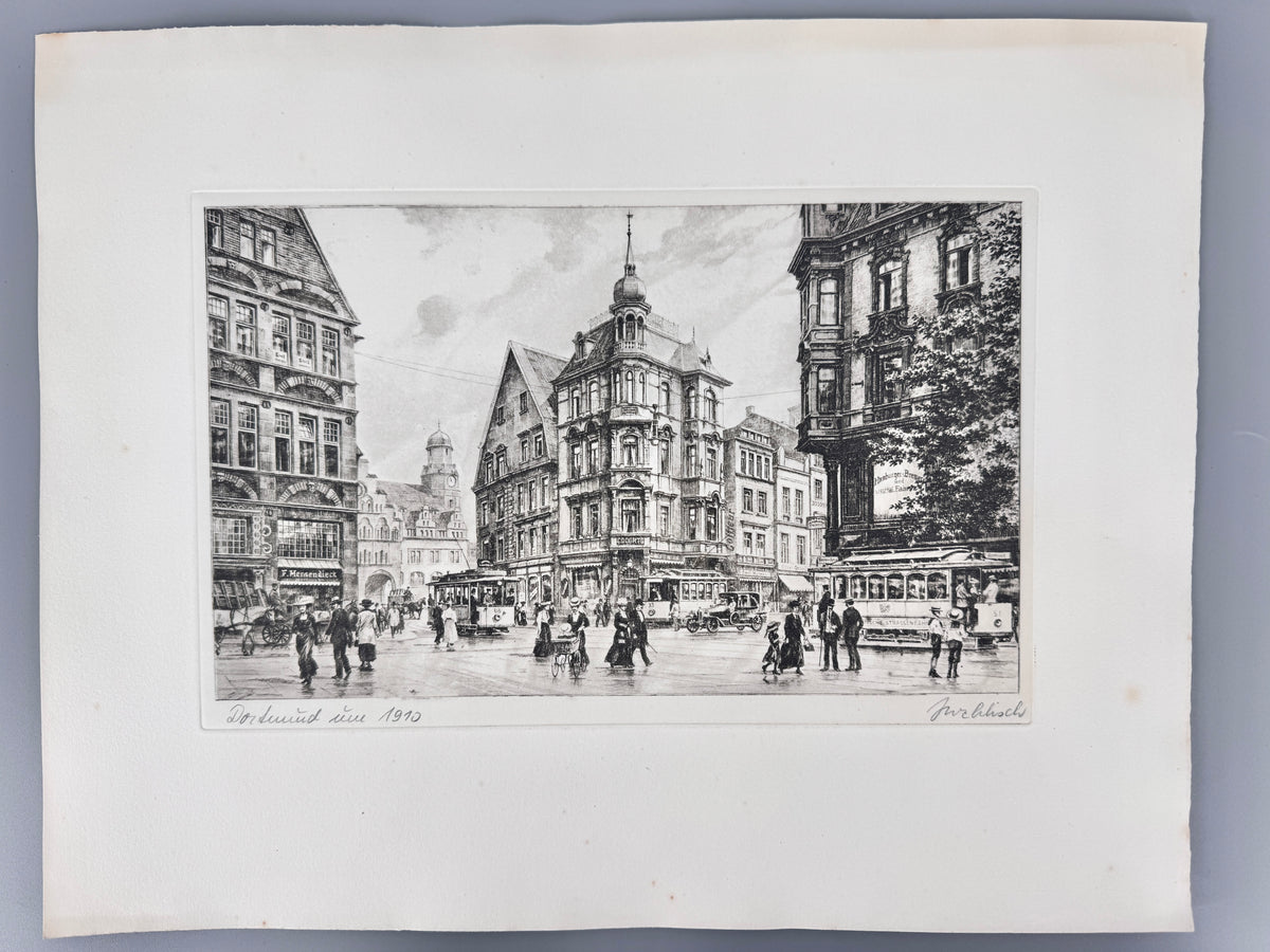 Radierung, Dortmund um 1910. Stadtansicht Innenstadt, von Heinz Wehlisch