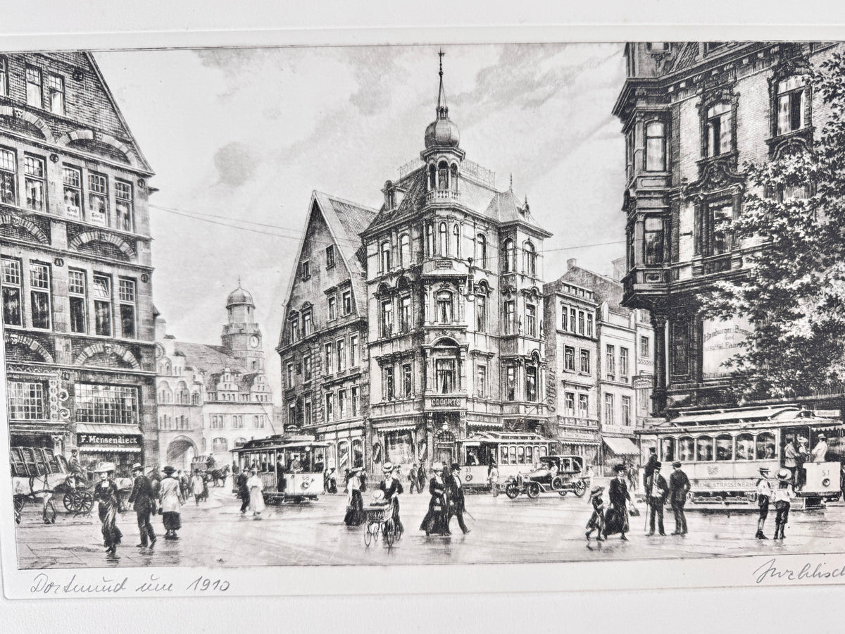 Radierung, Dortmund um 1910. Stadtansicht Innenstadt, von Heinz Wehlisch