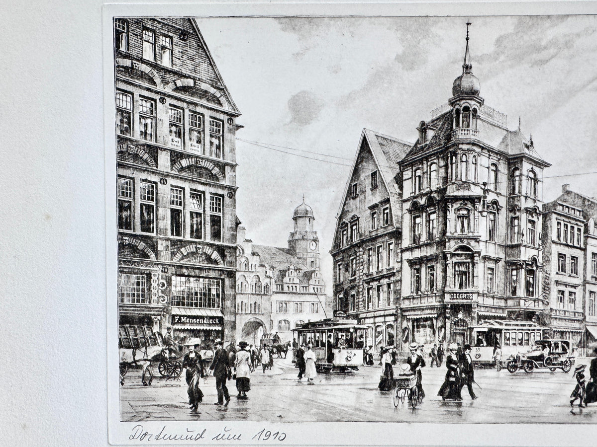 Radierung, Dortmund um 1910. Stadtansicht Innenstadt, von Heinz Wehlisch