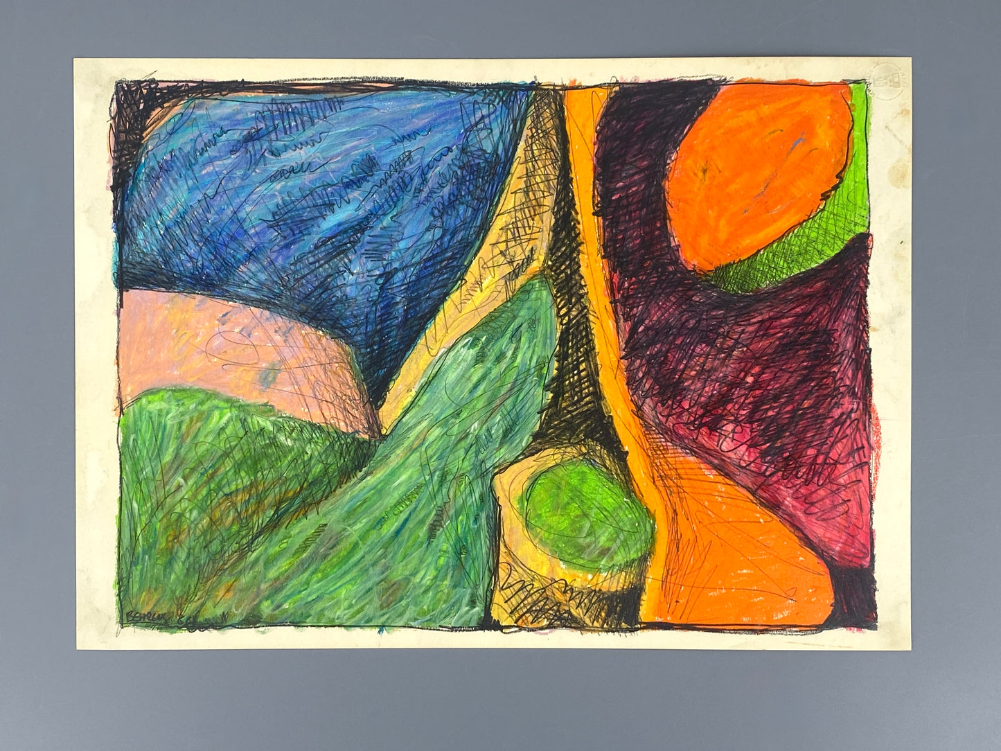 Expressives Ölkreide-Gemälde auf Papier von Schoeller Turm mit einer Signatur von Behrens, 1966