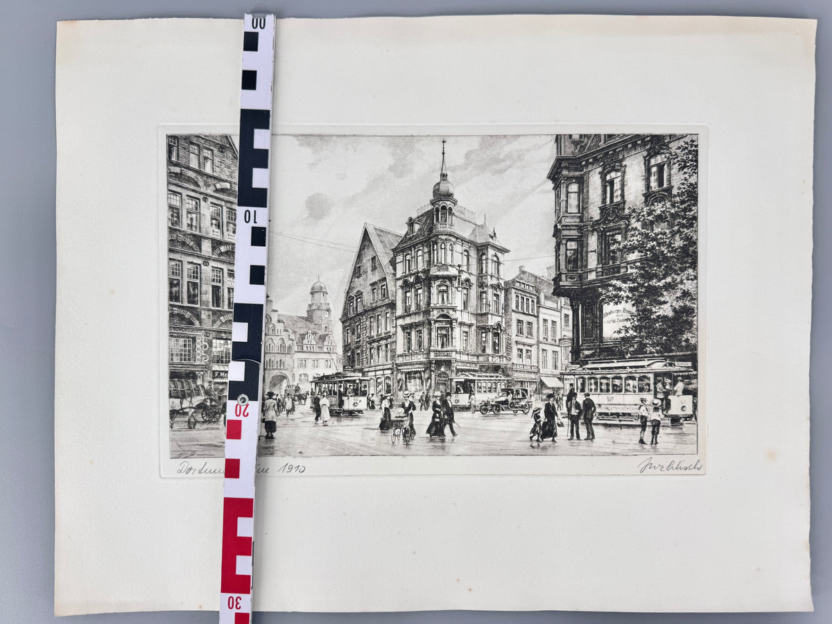 Radierung, Dortmund um 1910. Stadtansicht Innenstadt, von Heinz Wehlisch