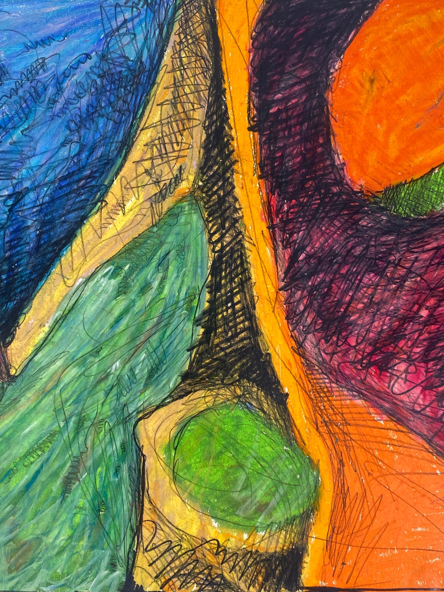Expressives Ölkreide-Gemälde auf Papier von Schoeller Turm mit einer Signatur von Behrens, 1966