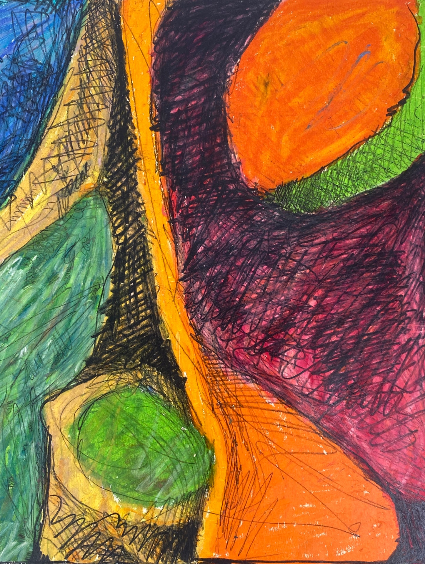Expressives Ölkreide-Gemälde auf Papier von Schoeller Turm mit einer Signatur von Behrens, 1966