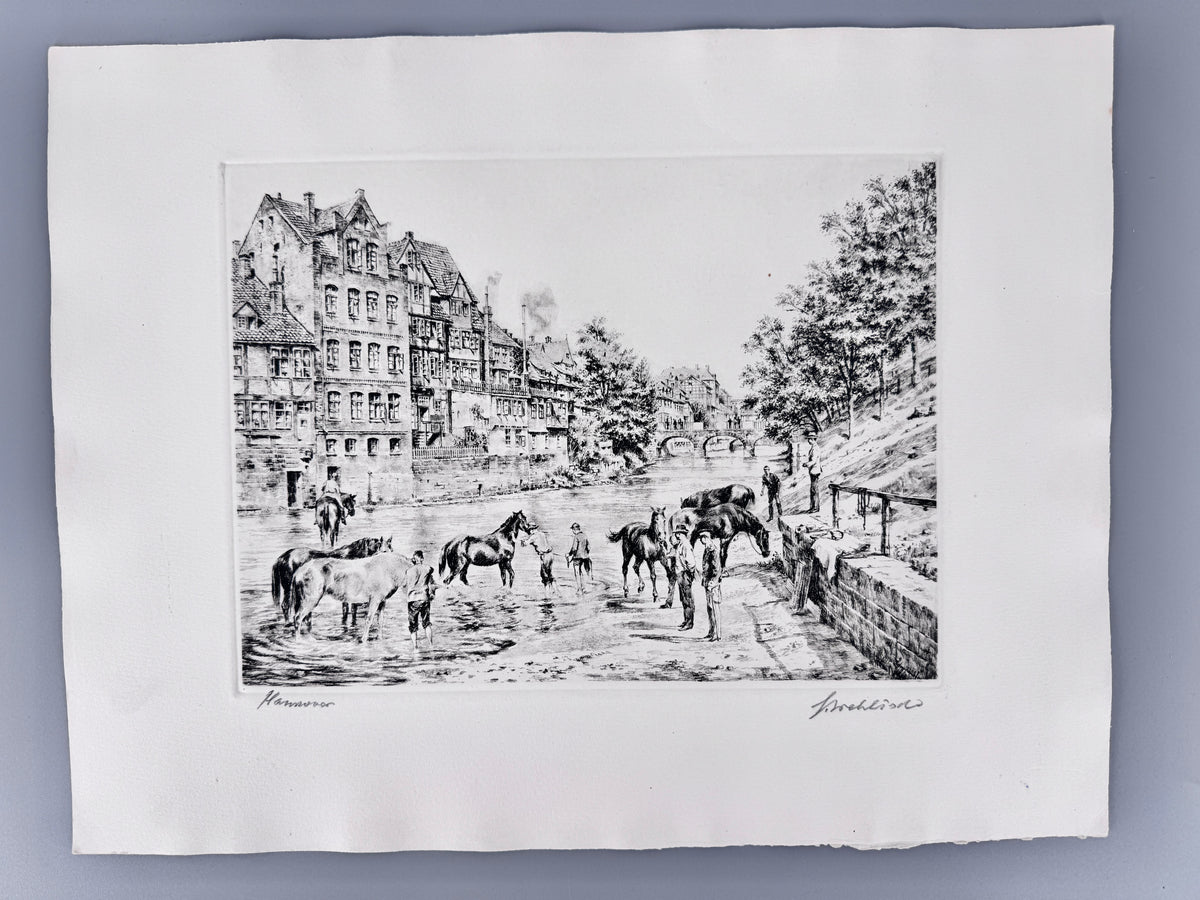 Radierung, Hannover. Historische Ansicht, Pferde am Fluss, Hein Wehlisch