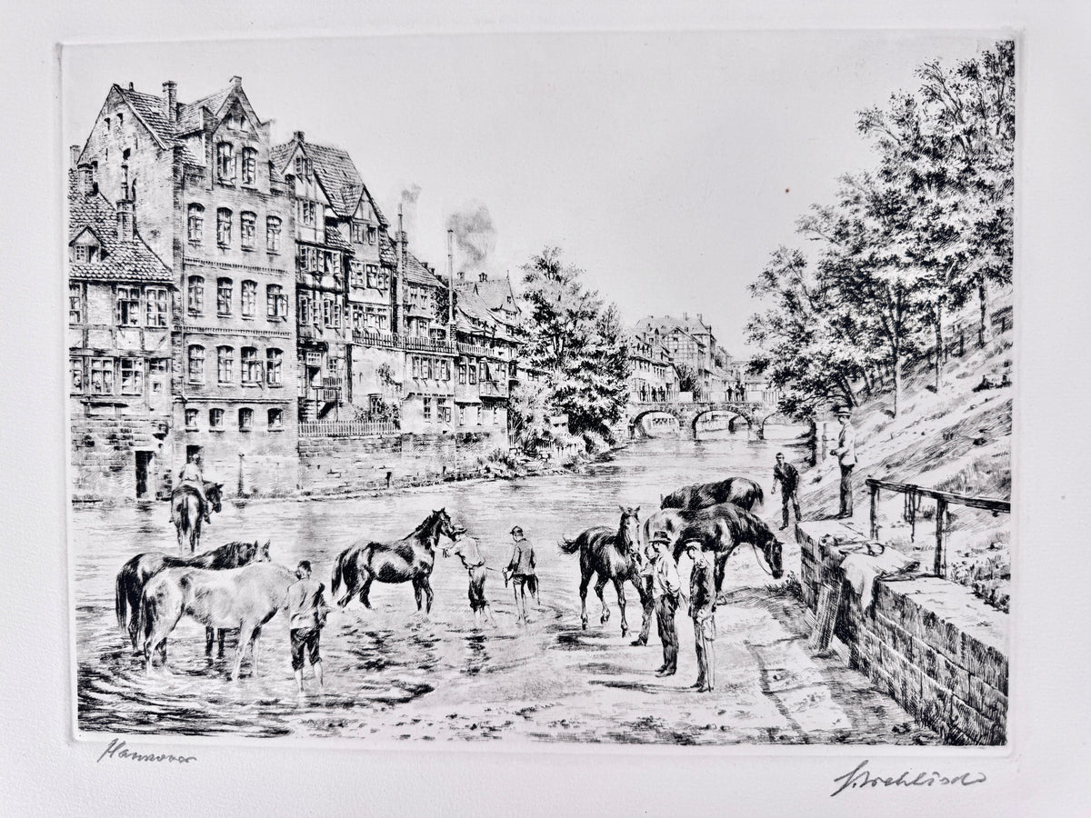 Radierung, Hannover. Historische Ansicht, Pferde am Fluss, Hein Wehlisch
