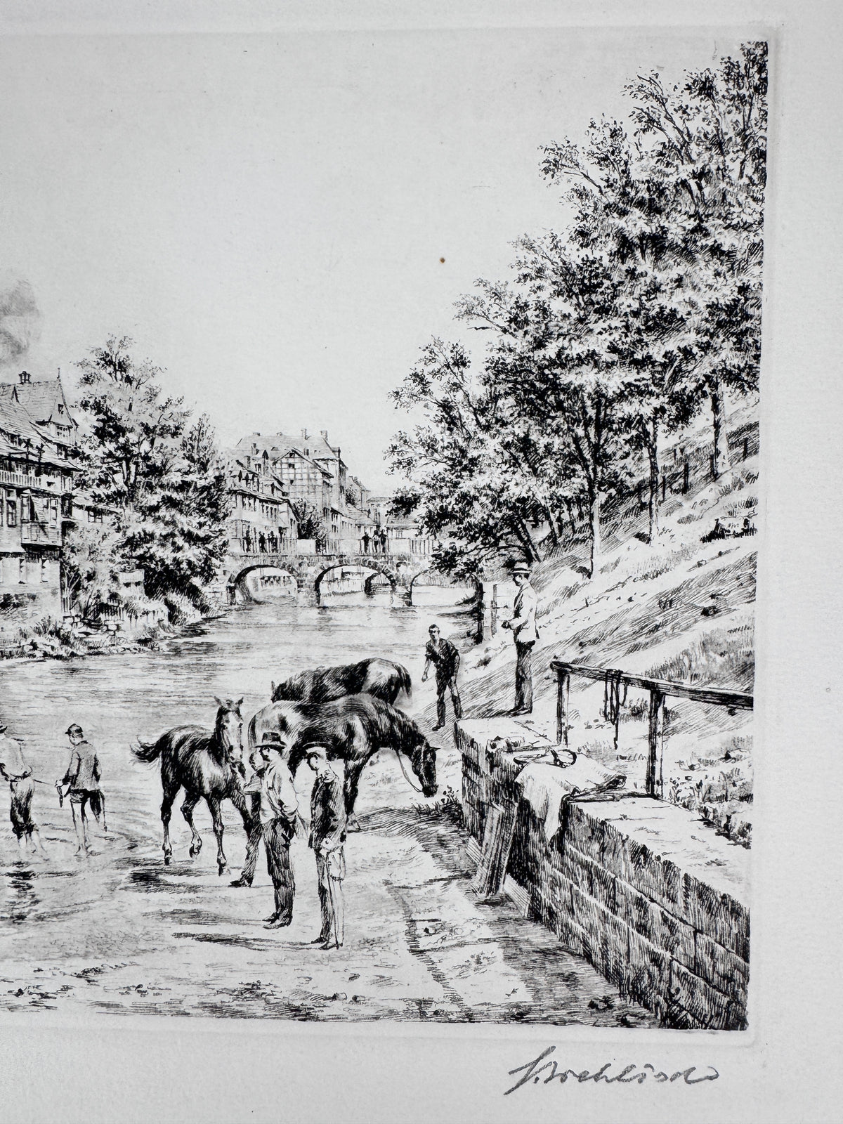 Radierung, Hannover. Historische Ansicht, Pferde am Fluss, Hein Wehlisch
