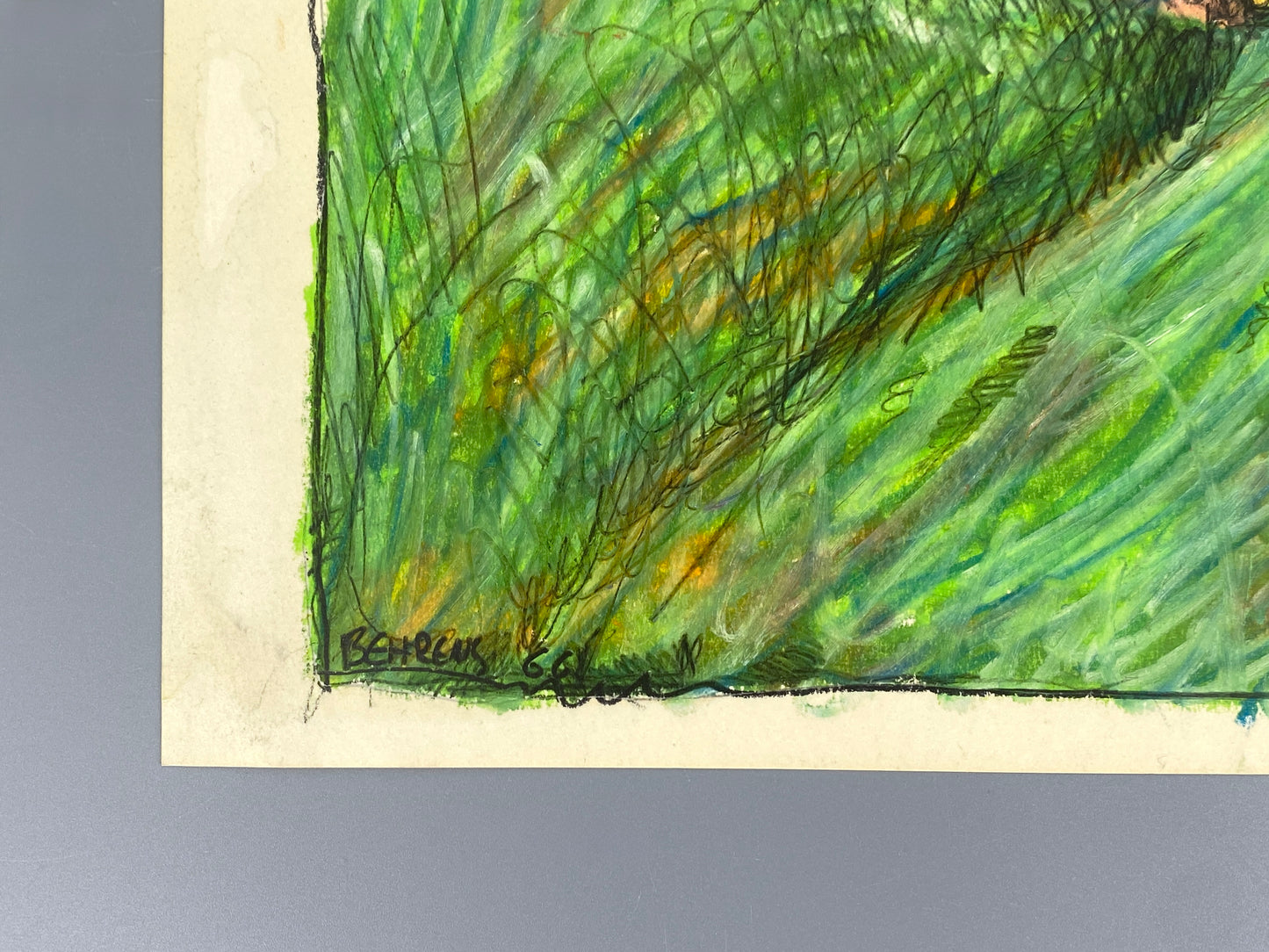 Expressives Ölkreide-Gemälde auf Papier von Schoeller Turm mit einer Signatur von Behrens, 1966