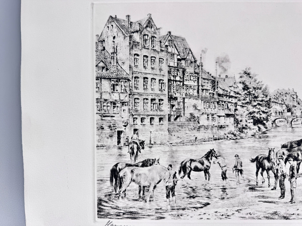 Radierung, Hannover. Historische Ansicht, Pferde am Fluss, Hein Wehlisch