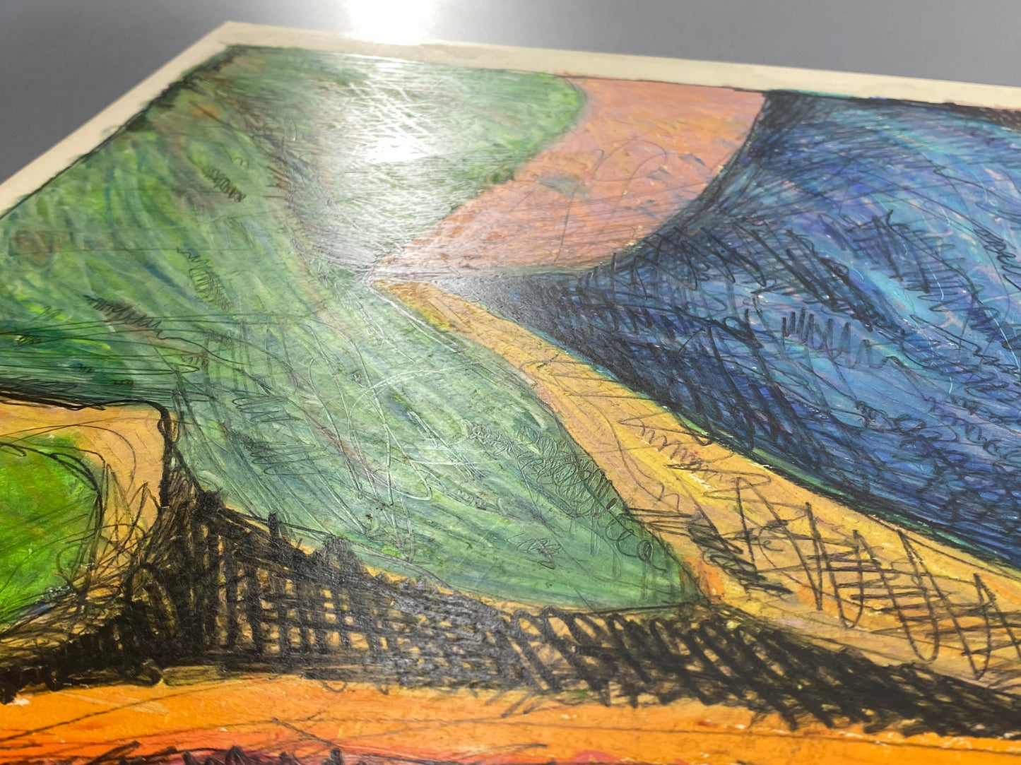 Expressives Ölkreide-Gemälde auf Papier von Schoeller Turm mit einer Signatur von Behrens, 1966