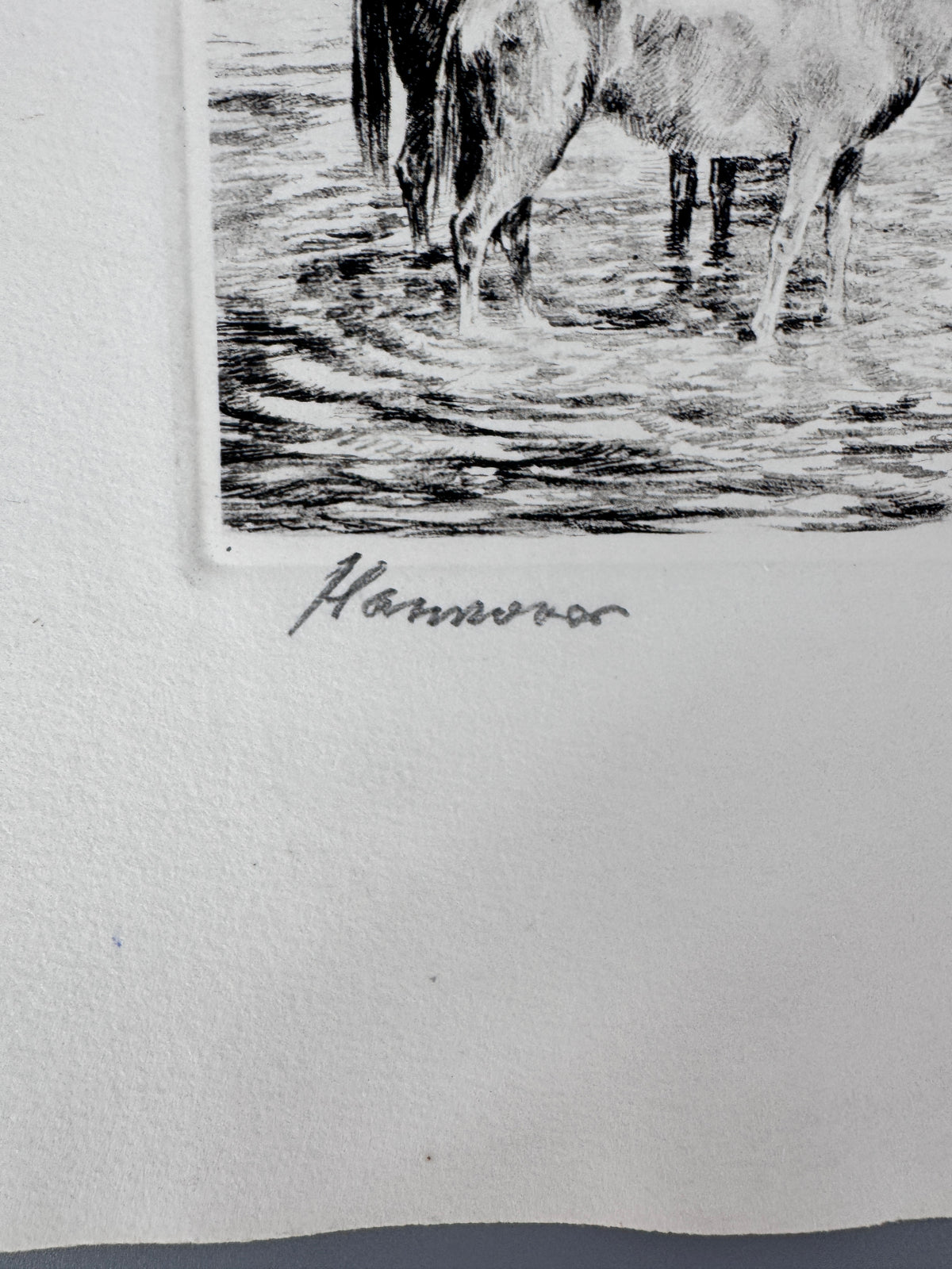 Radierung, Hannover. Historische Ansicht, Pferde am Fluss, Hein Wehlisch