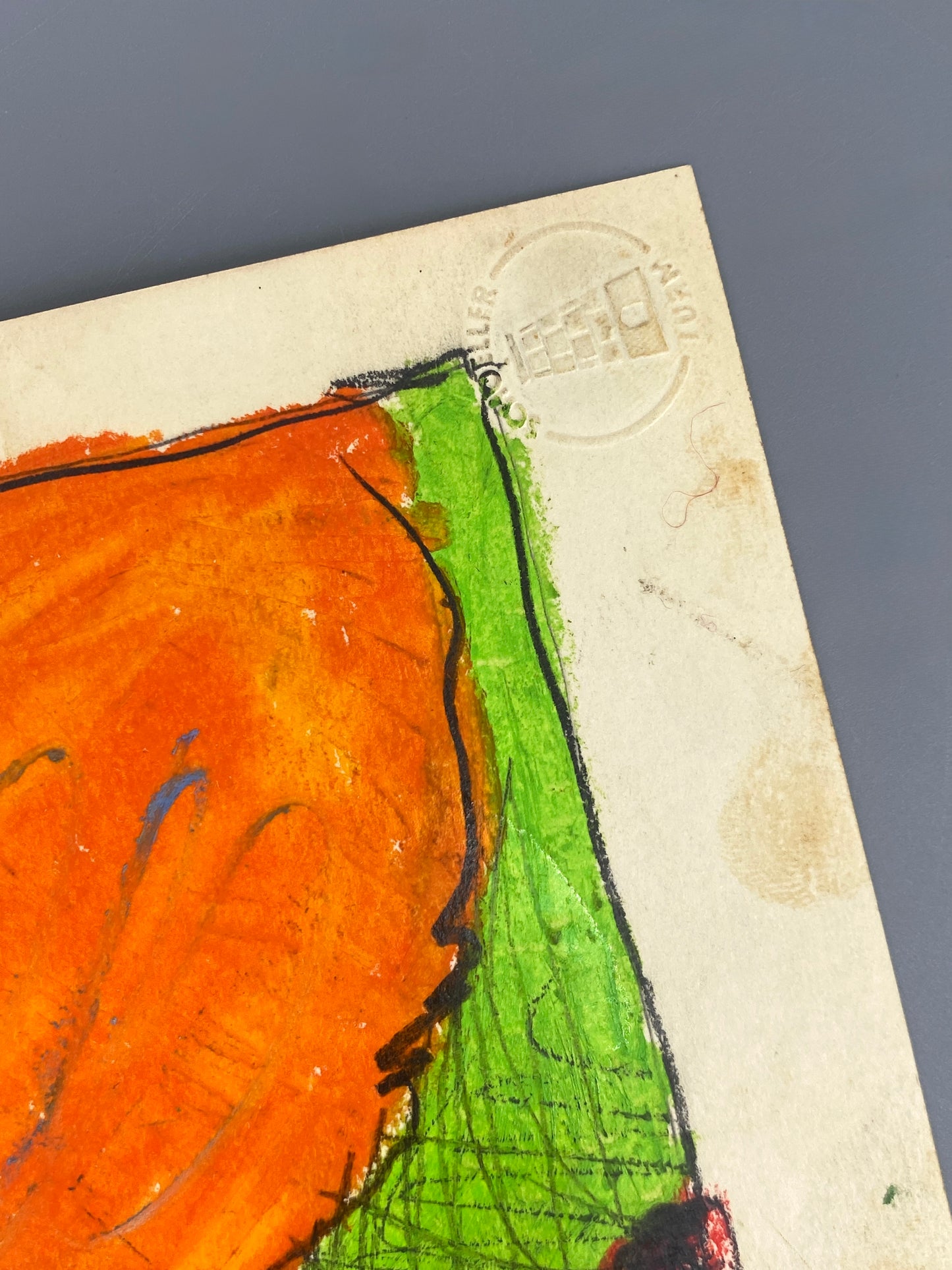 Expressives Ölkreide-Gemälde auf Papier von Schoeller Turm mit einer Signatur von Behrens, 1966