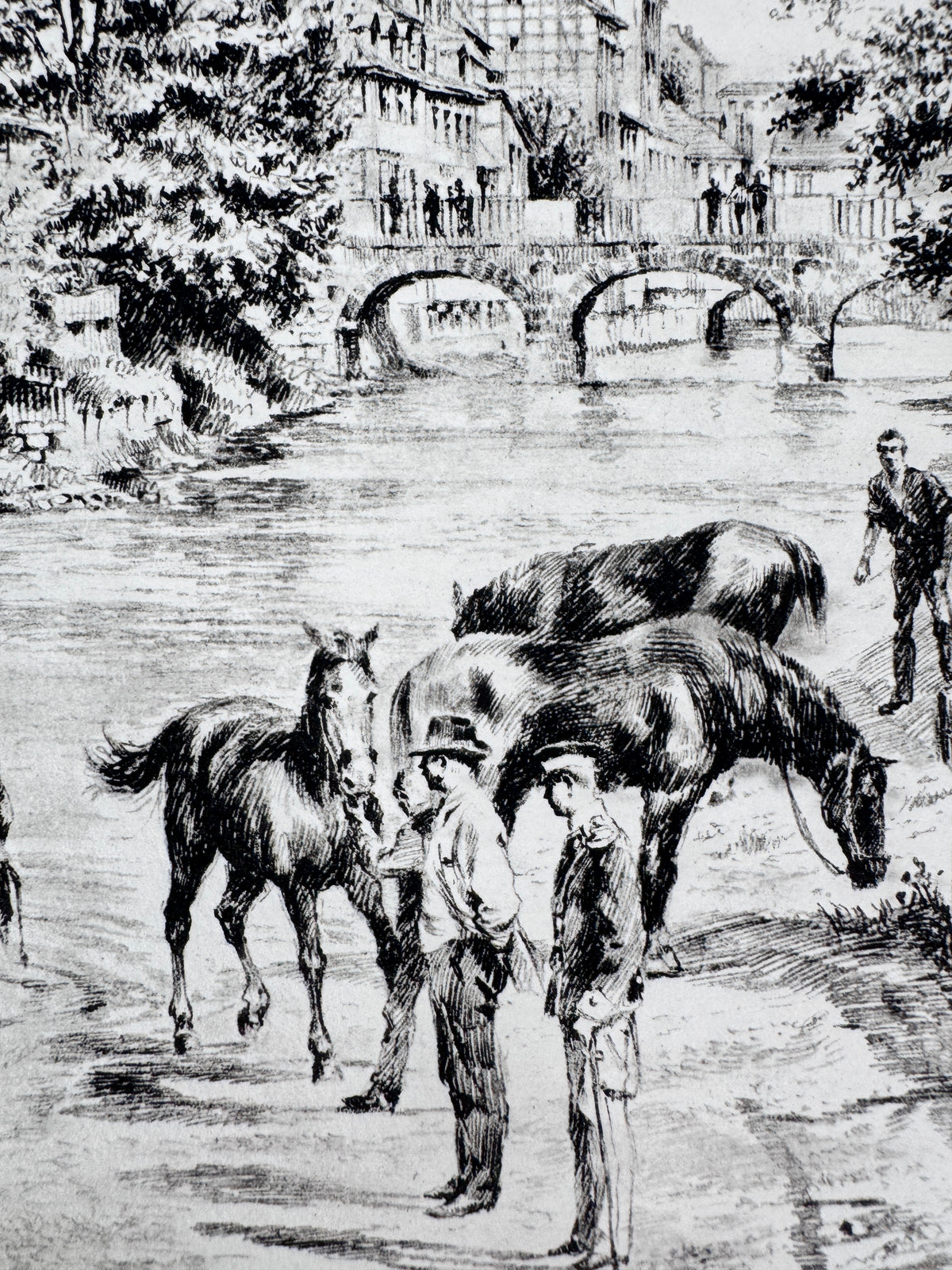Radierung, Hannover. Historische Ansicht, Pferde am Fluss, Hein Wehlisch