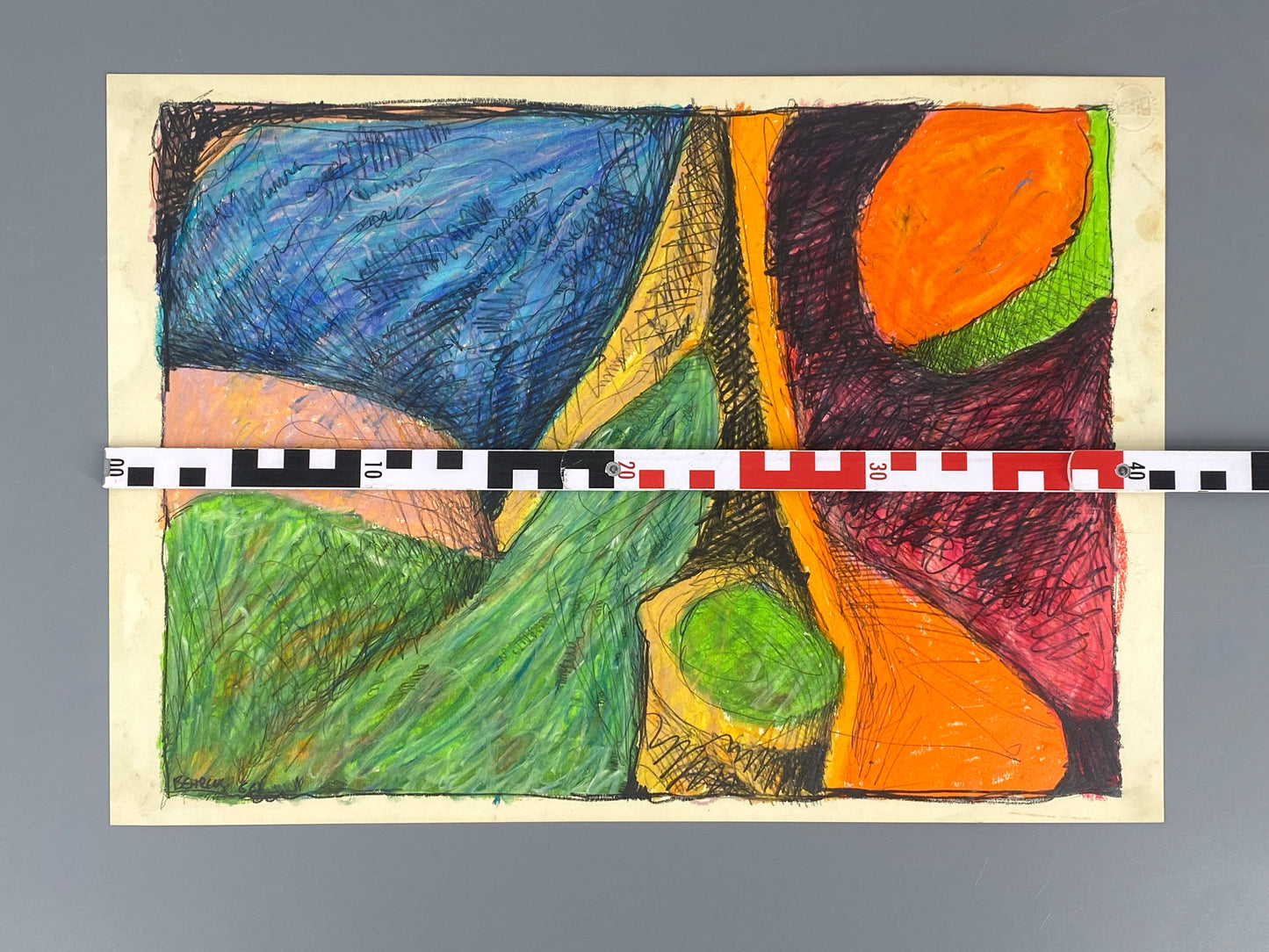Expressives Ölkreide-Gemälde auf Papier von Schoeller Turm mit einer Signatur von Behrens, 1966