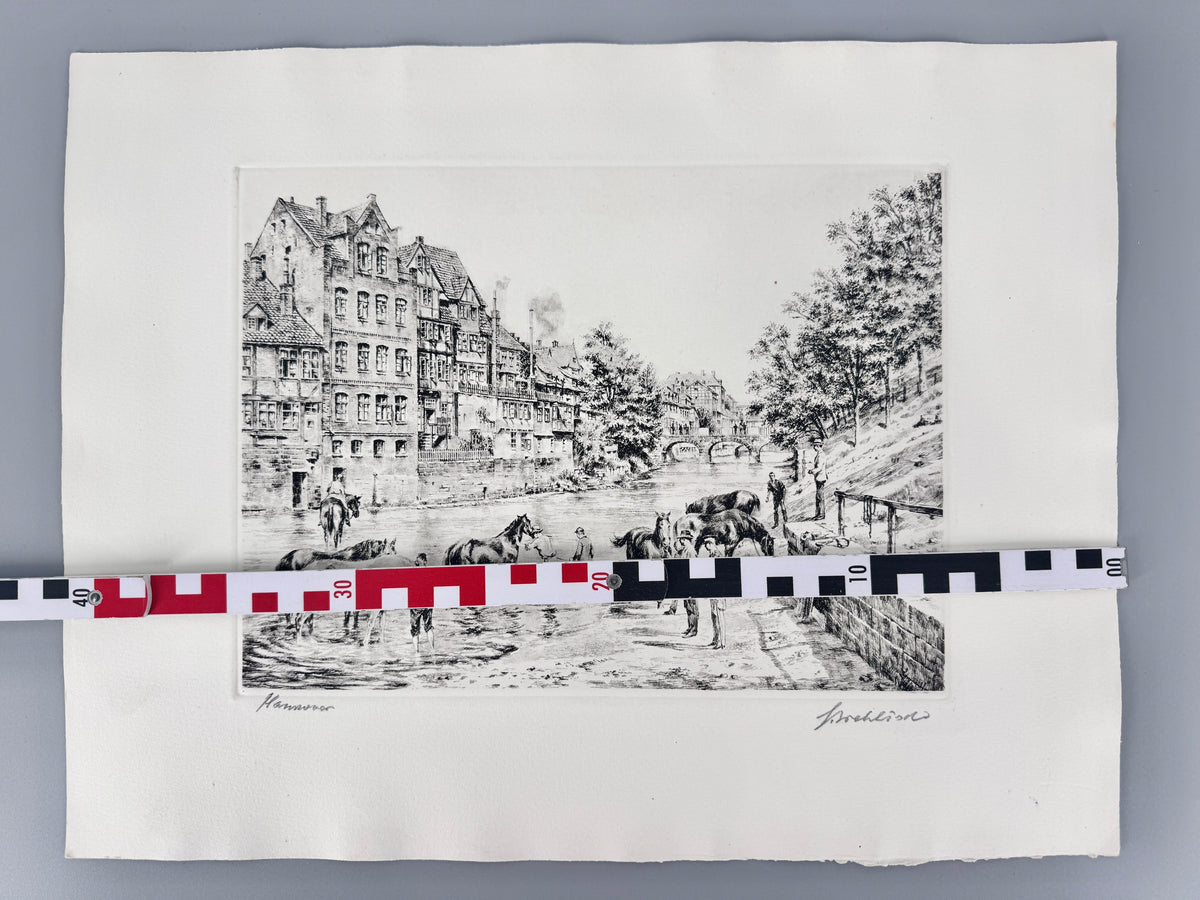Radierung, Hannover. Historische Ansicht, Pferde am Fluss, Hein Wehlisch