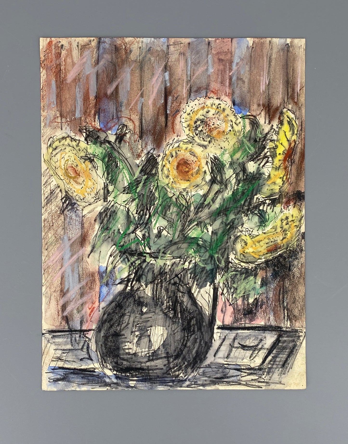 Expressives Mischtechnik-Gemälde (Aquarell, Pastellkreide, Tusche) auf Papier, Stilleben mit Blumenstrauß, 1978