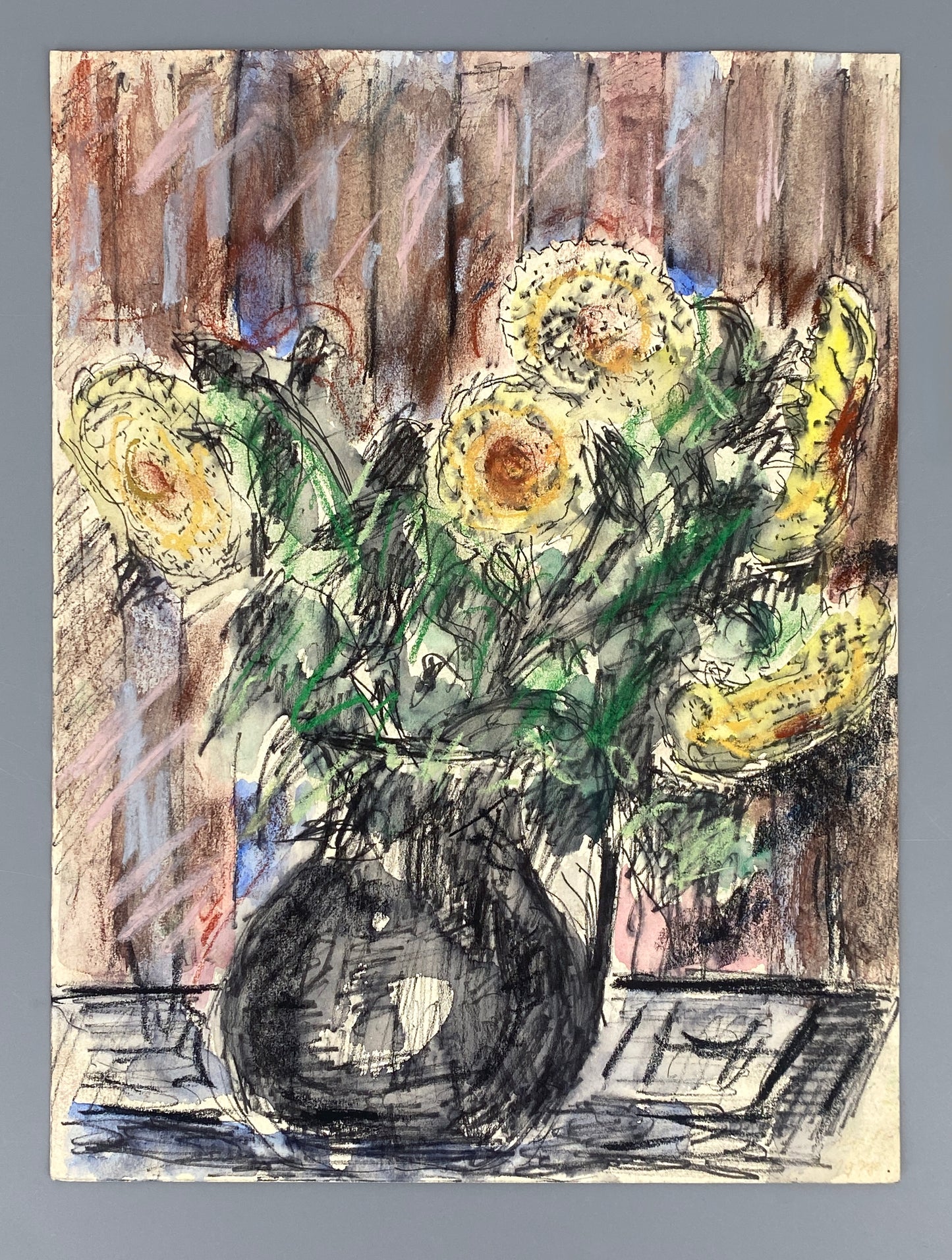 Expressives Mischtechnik-Gemälde (Aquarell, Pastellkreide, Tusche) auf Papier, Stilleben mit Blumenstrauß, 1978