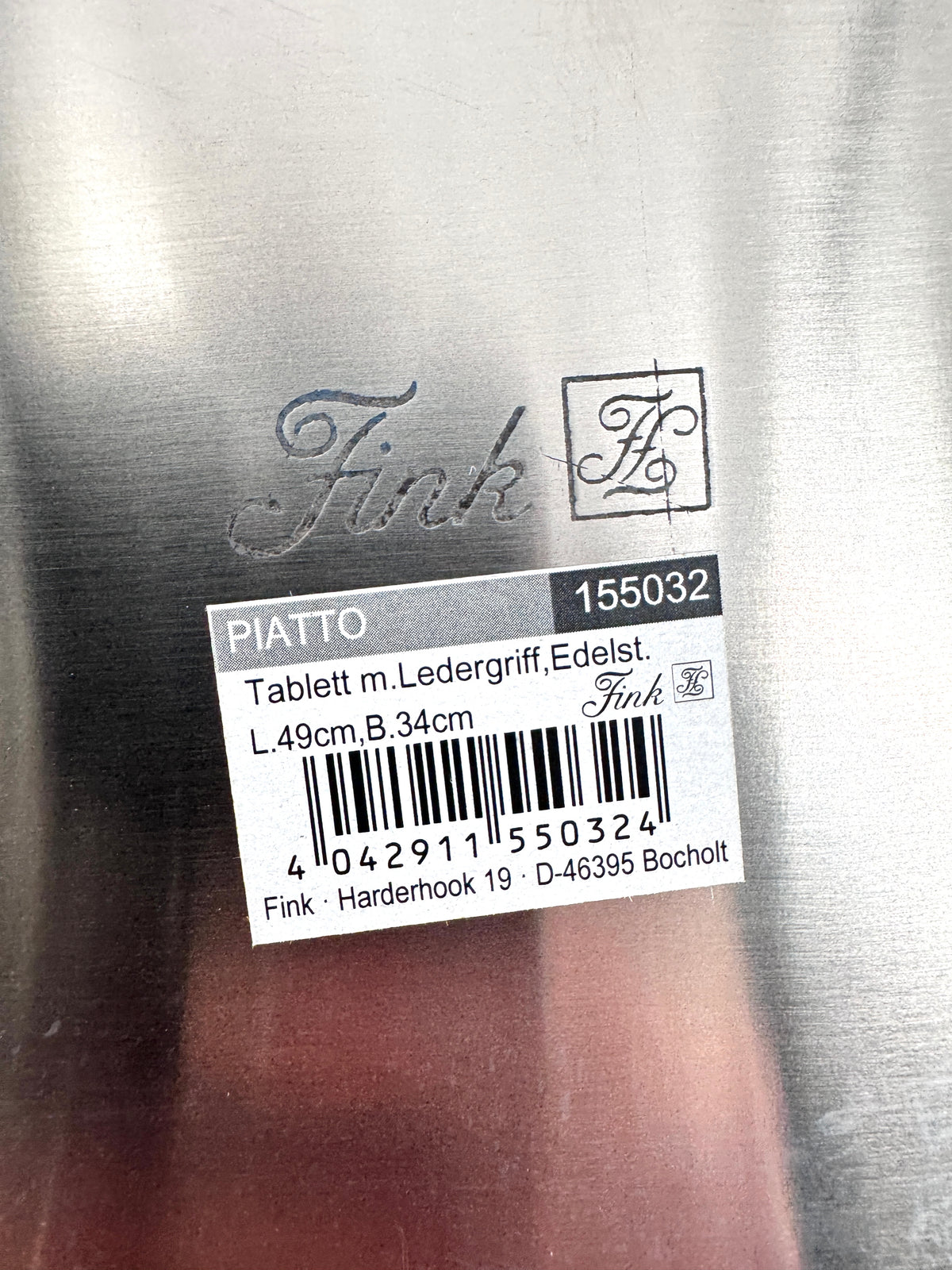 FINK LIVING EDELSTAHL-TABLETT „PIATTO“ SERVIERTABLETT MIT LEDERGRIFFEN