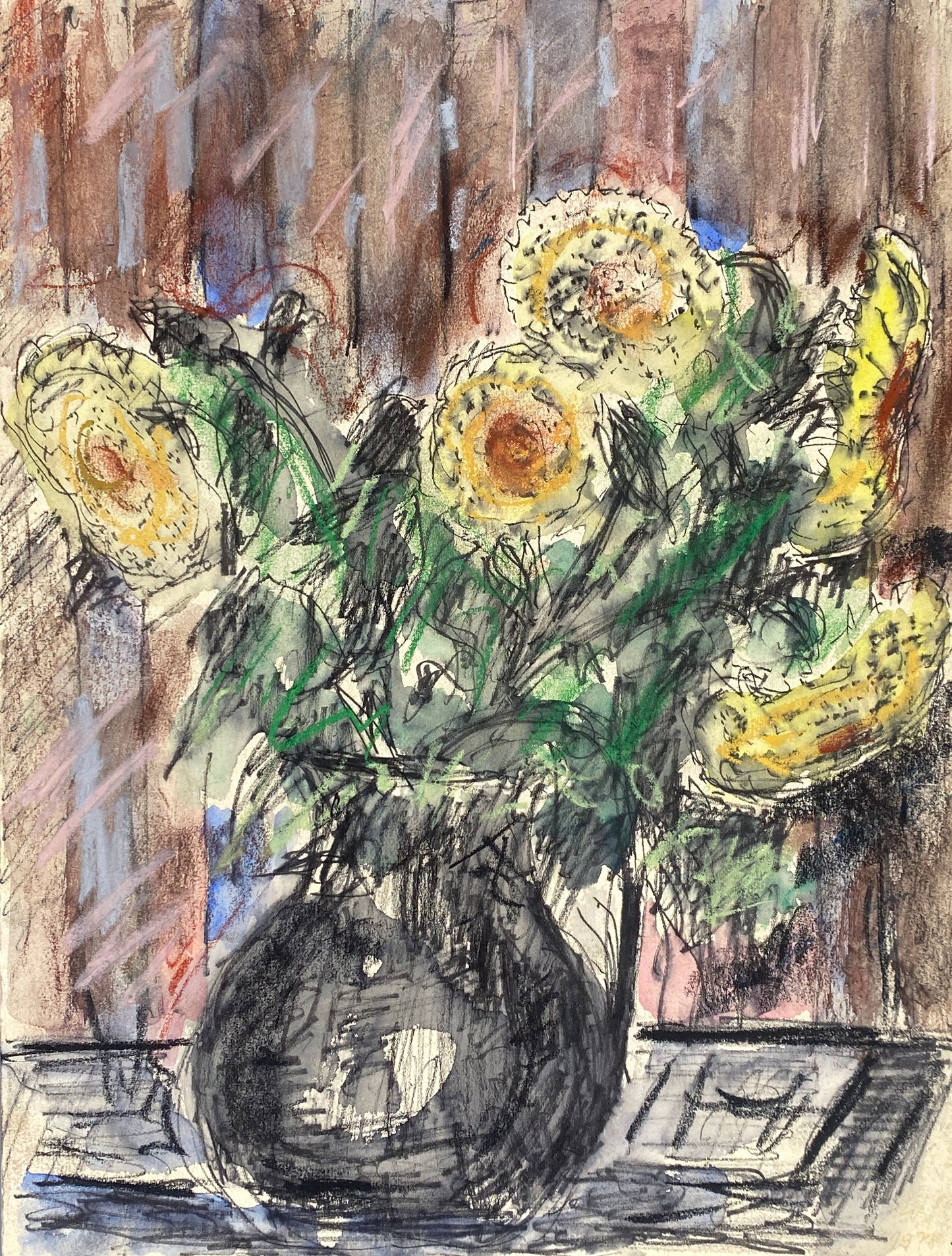 Expressives Mischtechnik-Gemälde (Aquarell, Pastellkreide, Tusche) auf Papier, Stilleben mit Blumenstrauß, 1978