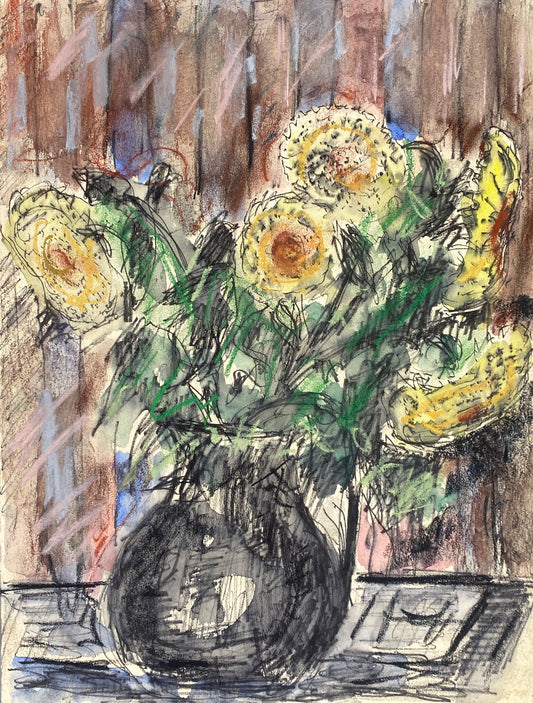 Expressives Mischtechnik-Gemälde (Aquarell, Pastellkreide, Tusche) auf Papier, Stilleben mit Blumenstrauß, 1978