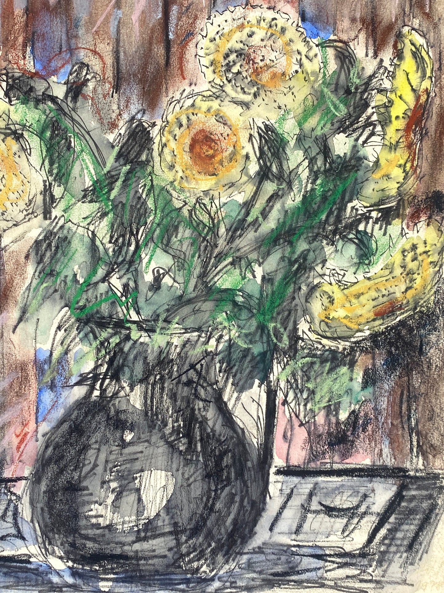Expressives Mischtechnik-Gemälde (Aquarell, Pastellkreide, Tusche) auf Papier, Stilleben mit Blumenstrauß, 1978