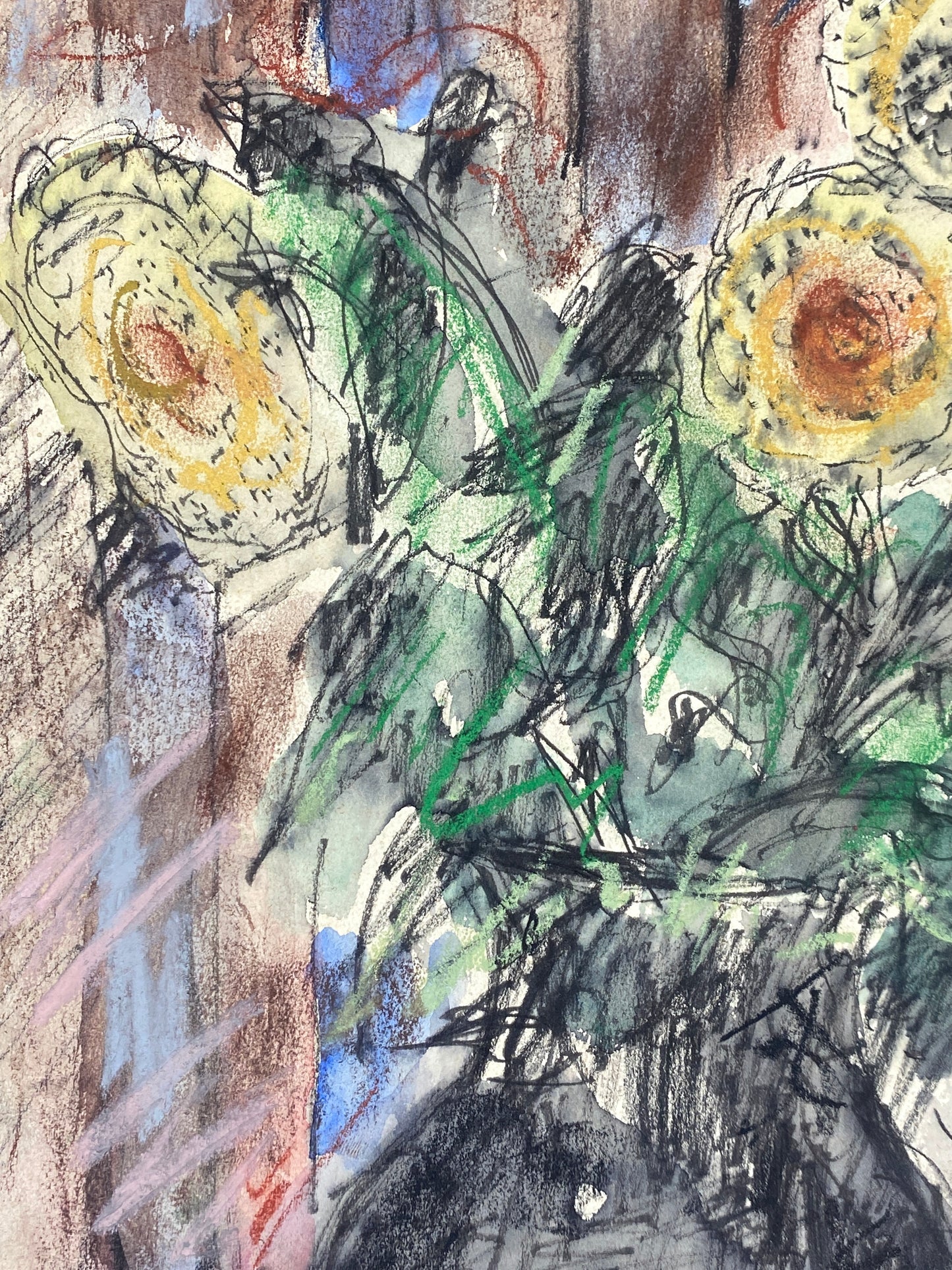 Expressives Mischtechnik-Gemälde (Aquarell, Pastellkreide, Tusche) auf Papier, Stilleben mit Blumenstrauß, 1978