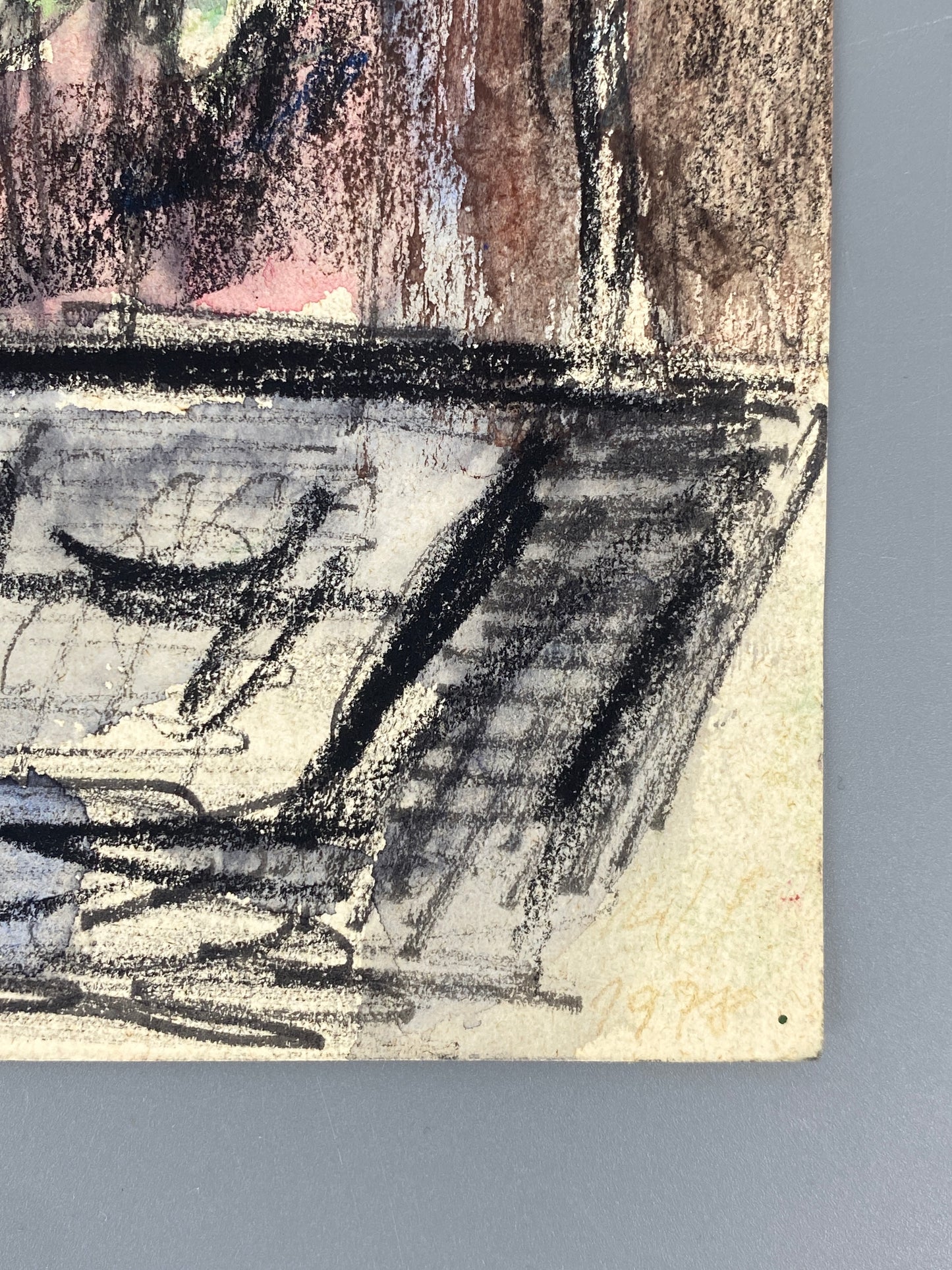 Expressives Mischtechnik-Gemälde (Aquarell, Pastellkreide, Tusche) auf Papier, Stilleben mit Blumenstrauß, 1978