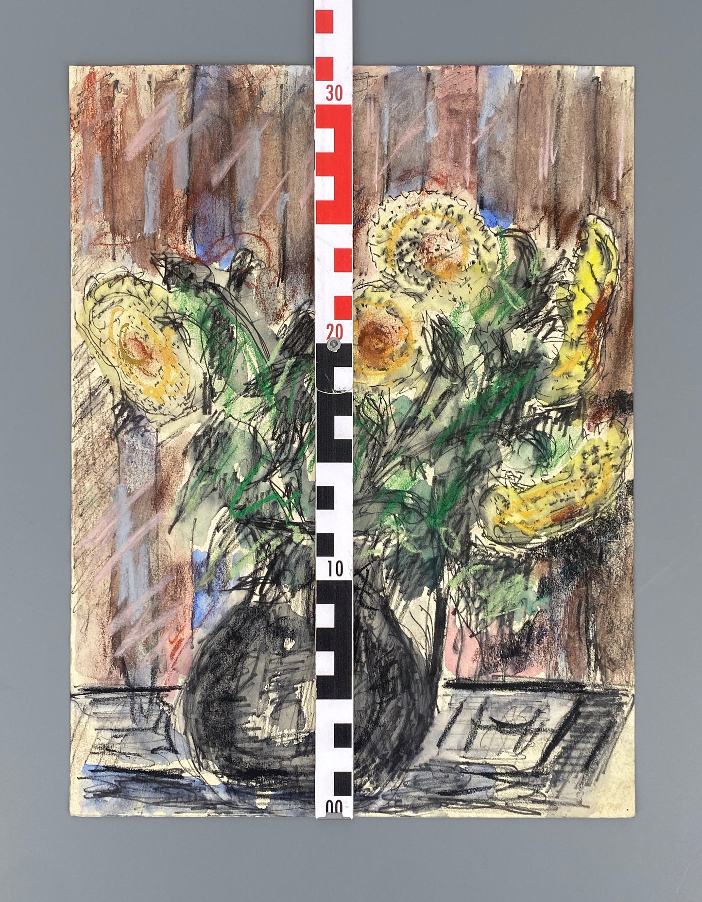 Expressives Mischtechnik-Gemälde (Aquarell, Pastellkreide, Tusche) auf Papier, Stilleben mit Blumenstrauß, 1978